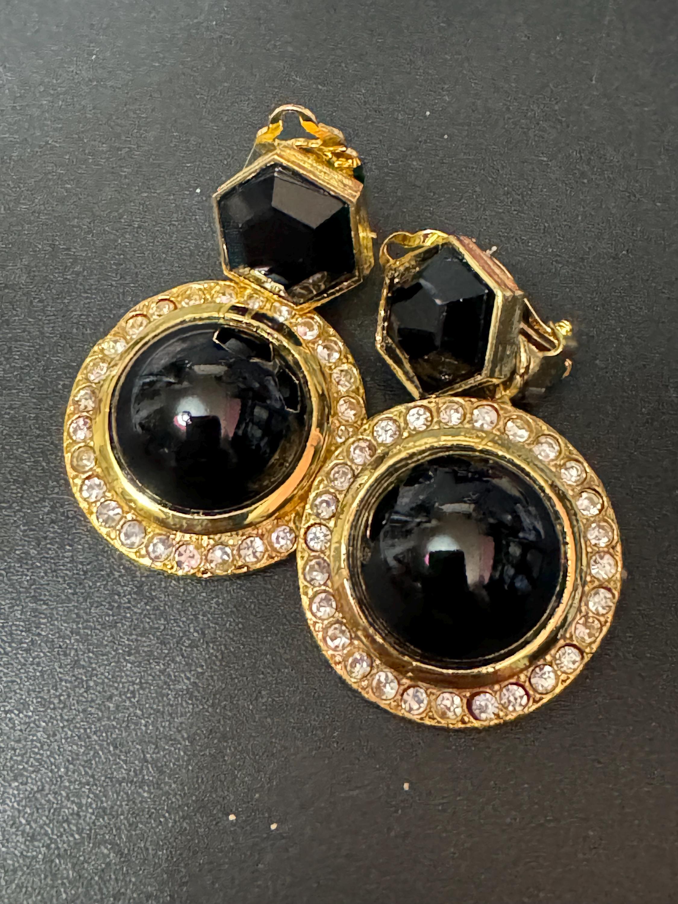 vintage oversized gold tone clear and black Austrian cabochon and hexagon Swarovski crystal dangly earrings 1980s old shop stock