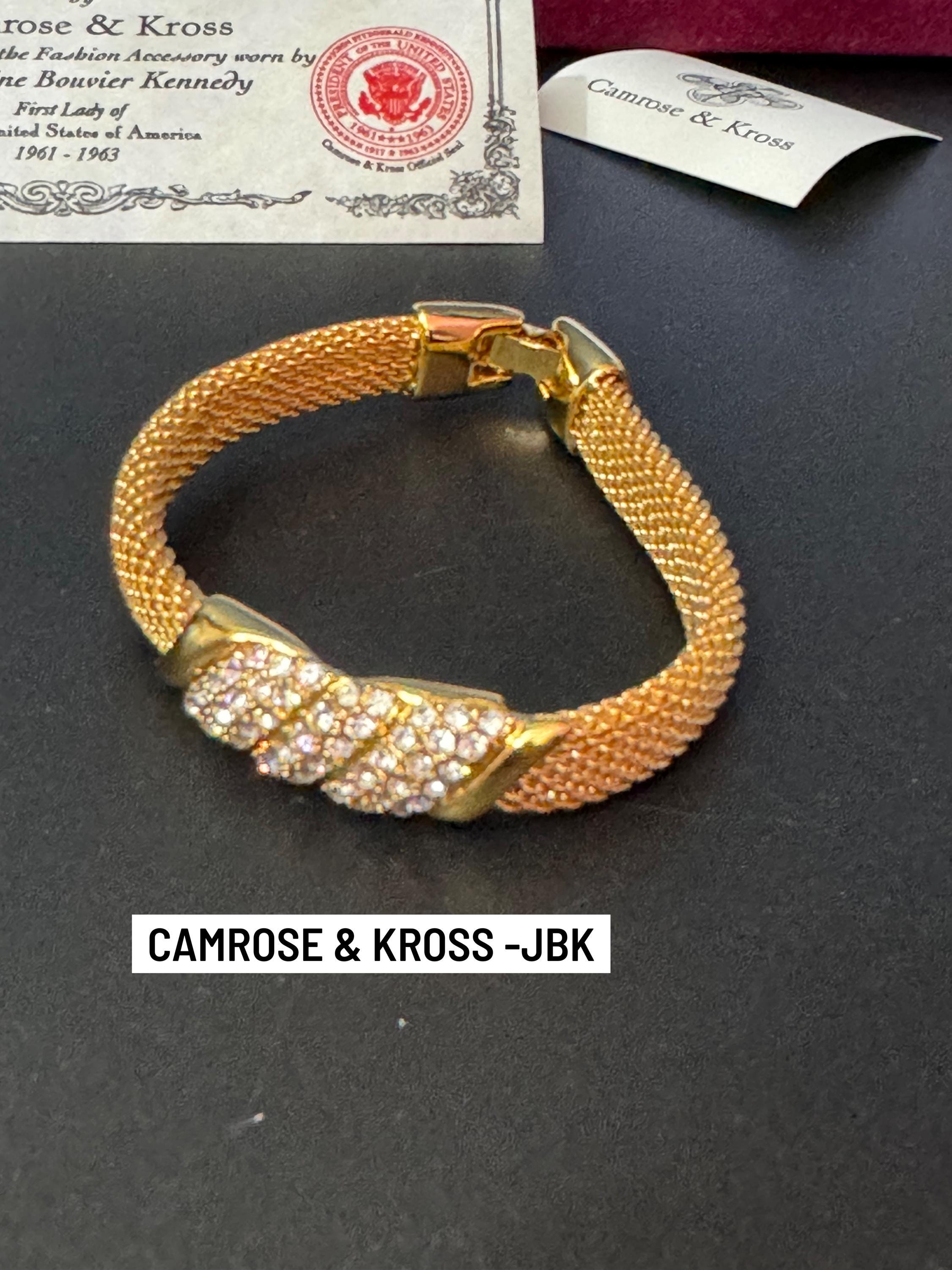 camrose and Kross signed JBK Jaqueline Kennedy vintage gold tone clear diamanté wide mesh panel bracelet 20cm
