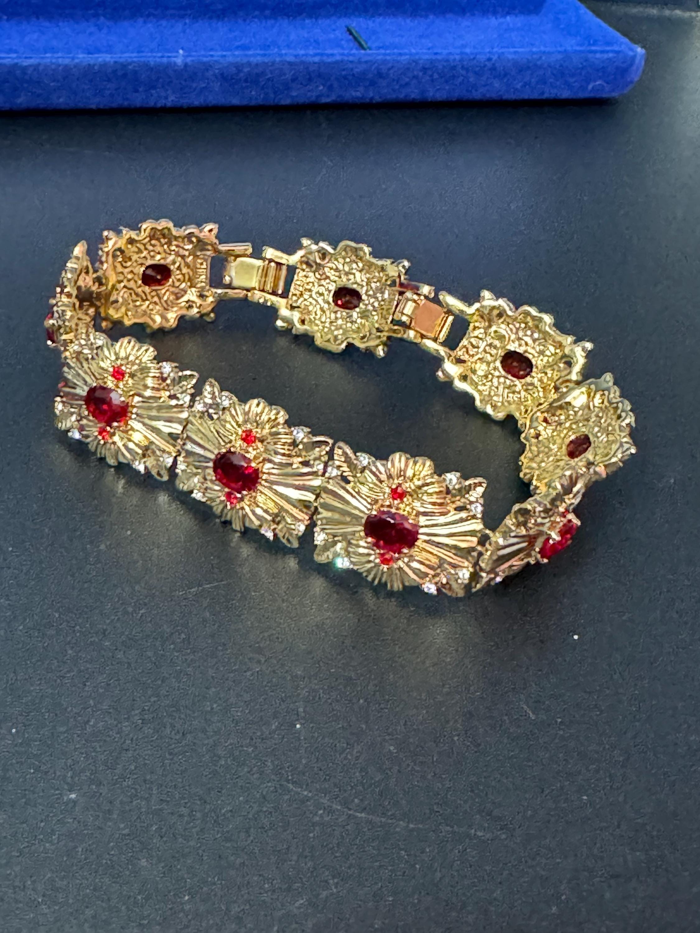 camrose and Kross signed JBK Jaqueline Kennedy vintage gold tone ruby red diamanté wide panel bracelet