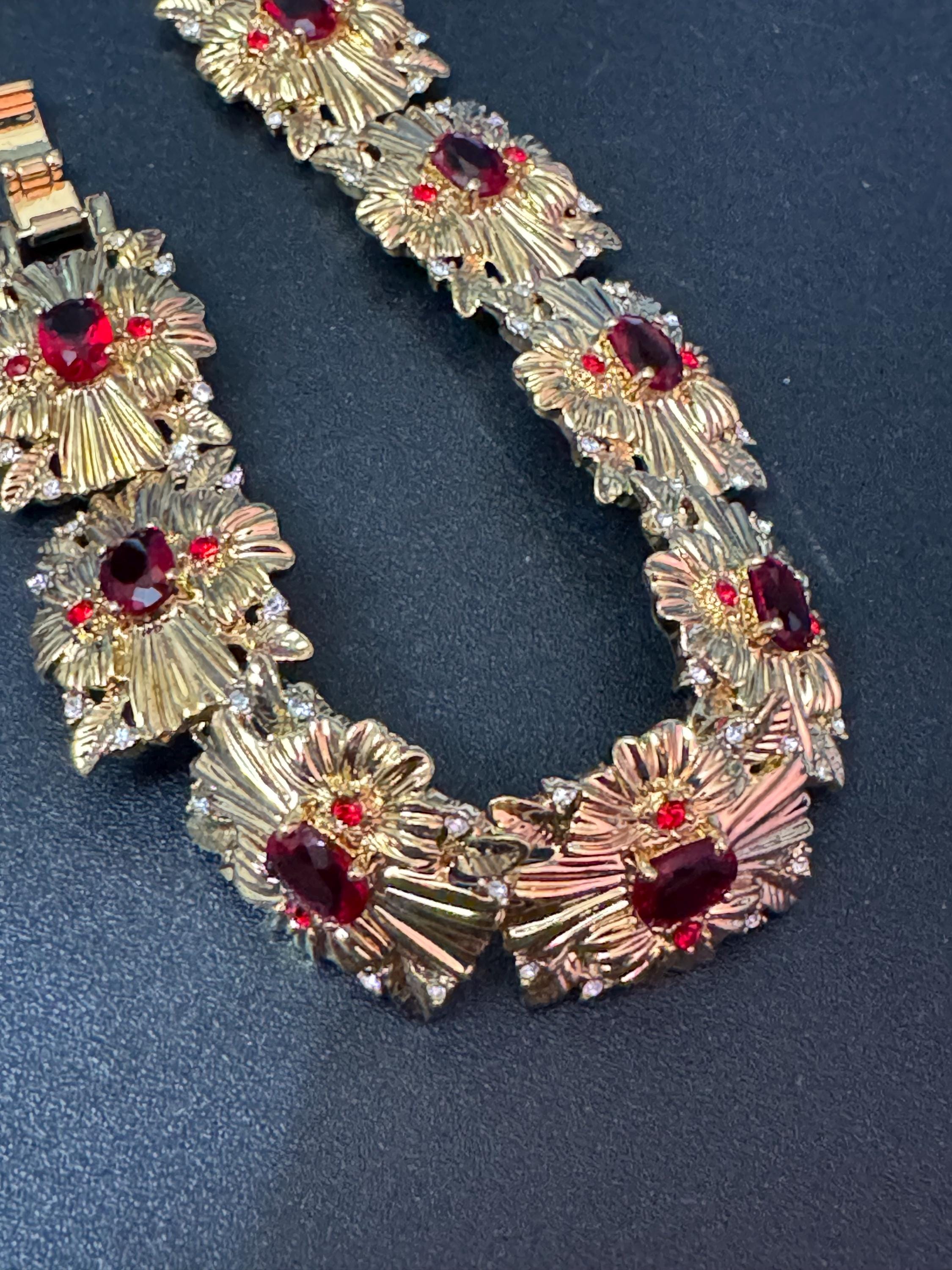 camrose and Kross signed JBK Jaqueline Kennedy vintage gold tone ruby red diamanté wide panel bracelet