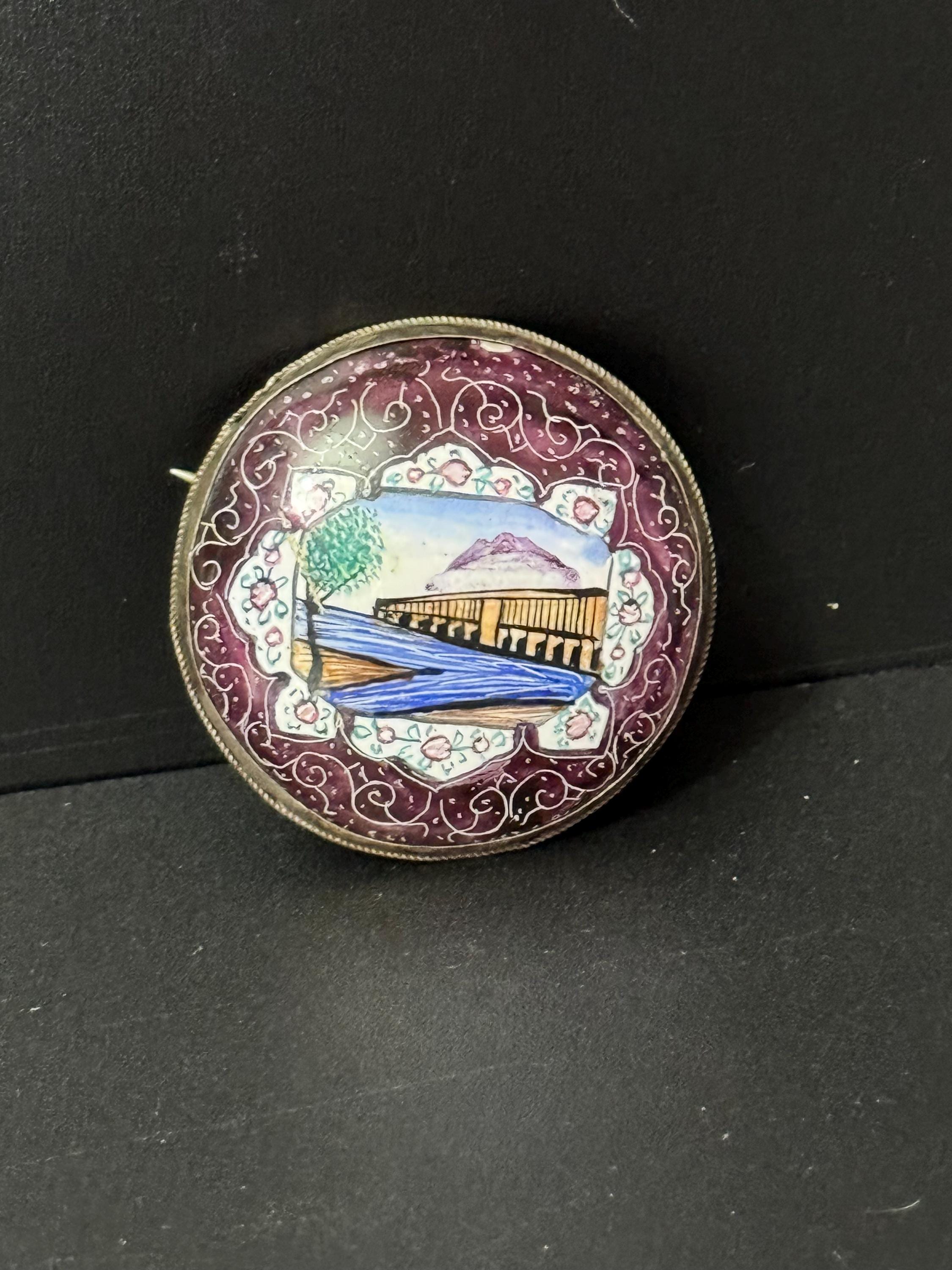 Antique Hand Painted enamel Eastern story teller Brooch Vintage white metal Arabian