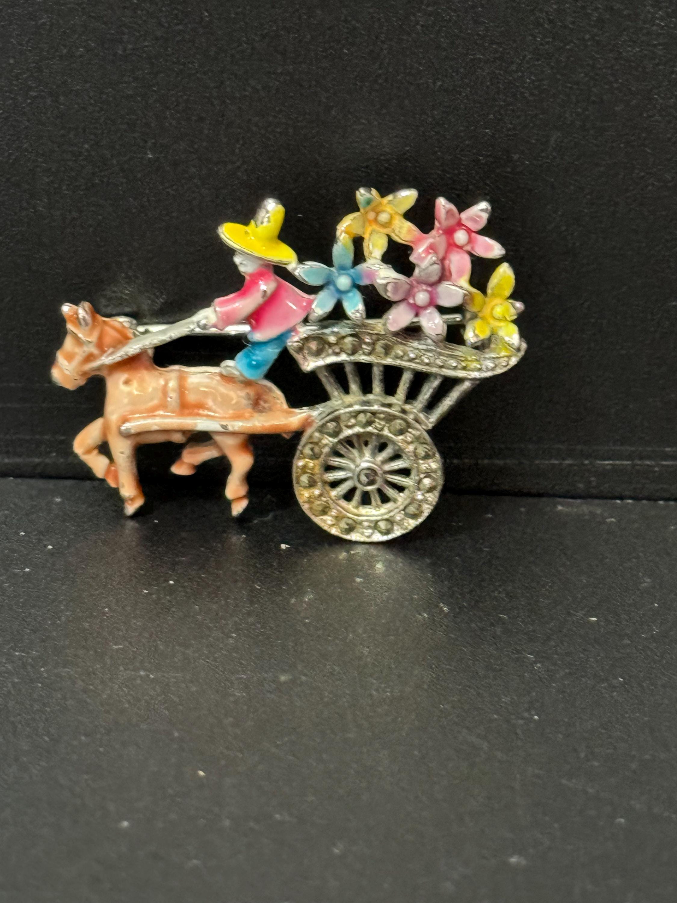 Marcasite enamel horse and cart Brooch  Vintage 1950s Chrome back Marcasite mid century
