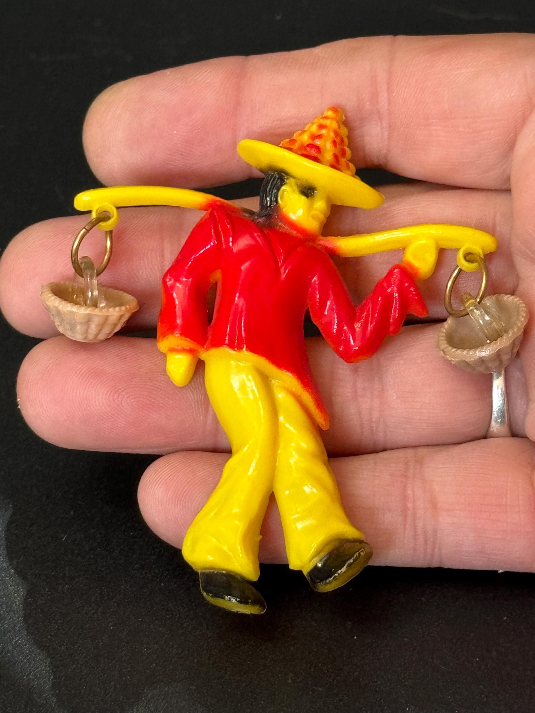 Oversized Vintage Red yellow early plastic China man Chinese baskets 8cm brooch 1960s