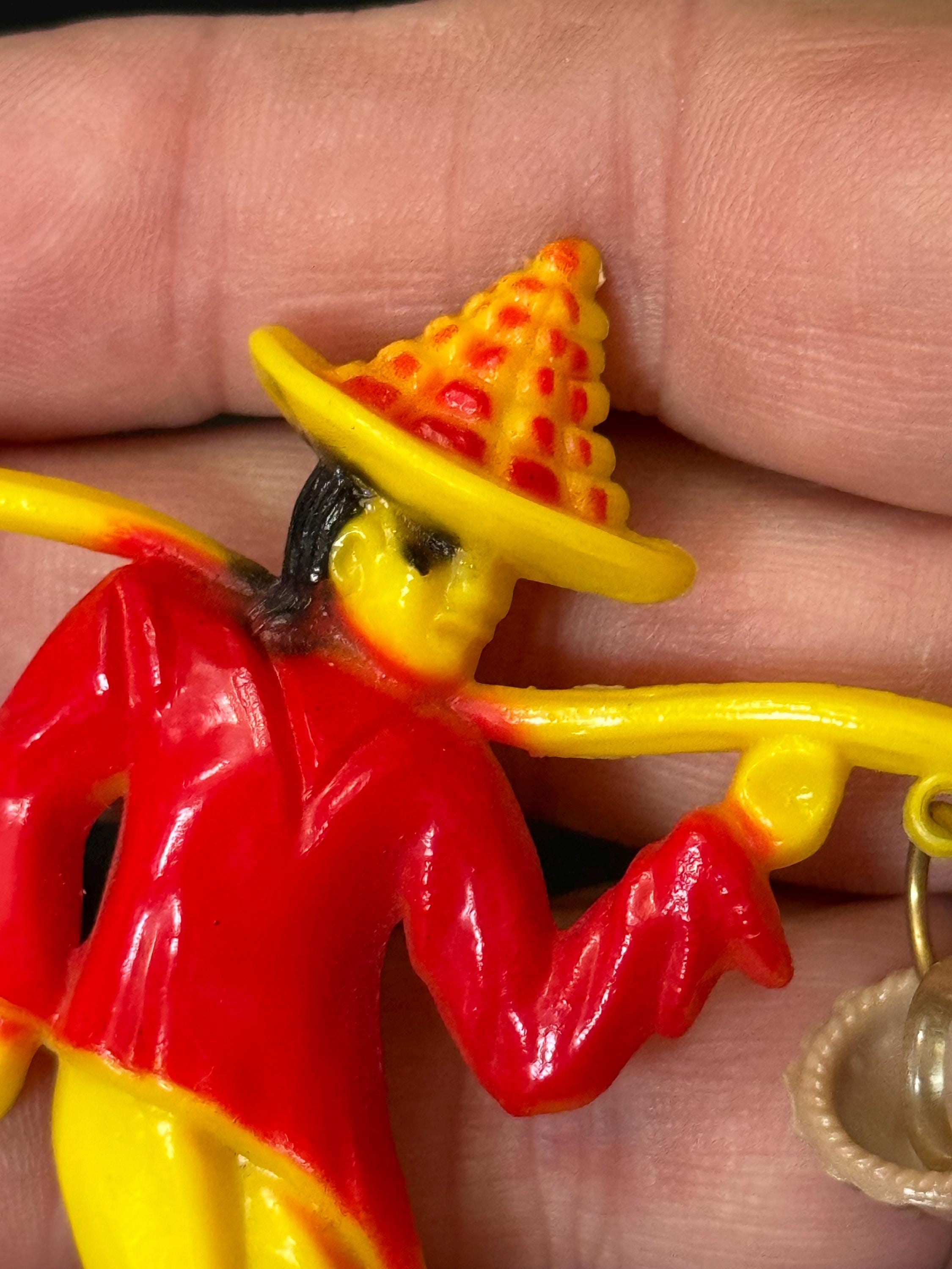 Oversized Vintage Red yellow early plastic China man Chinese baskets 8cm brooch 1960s