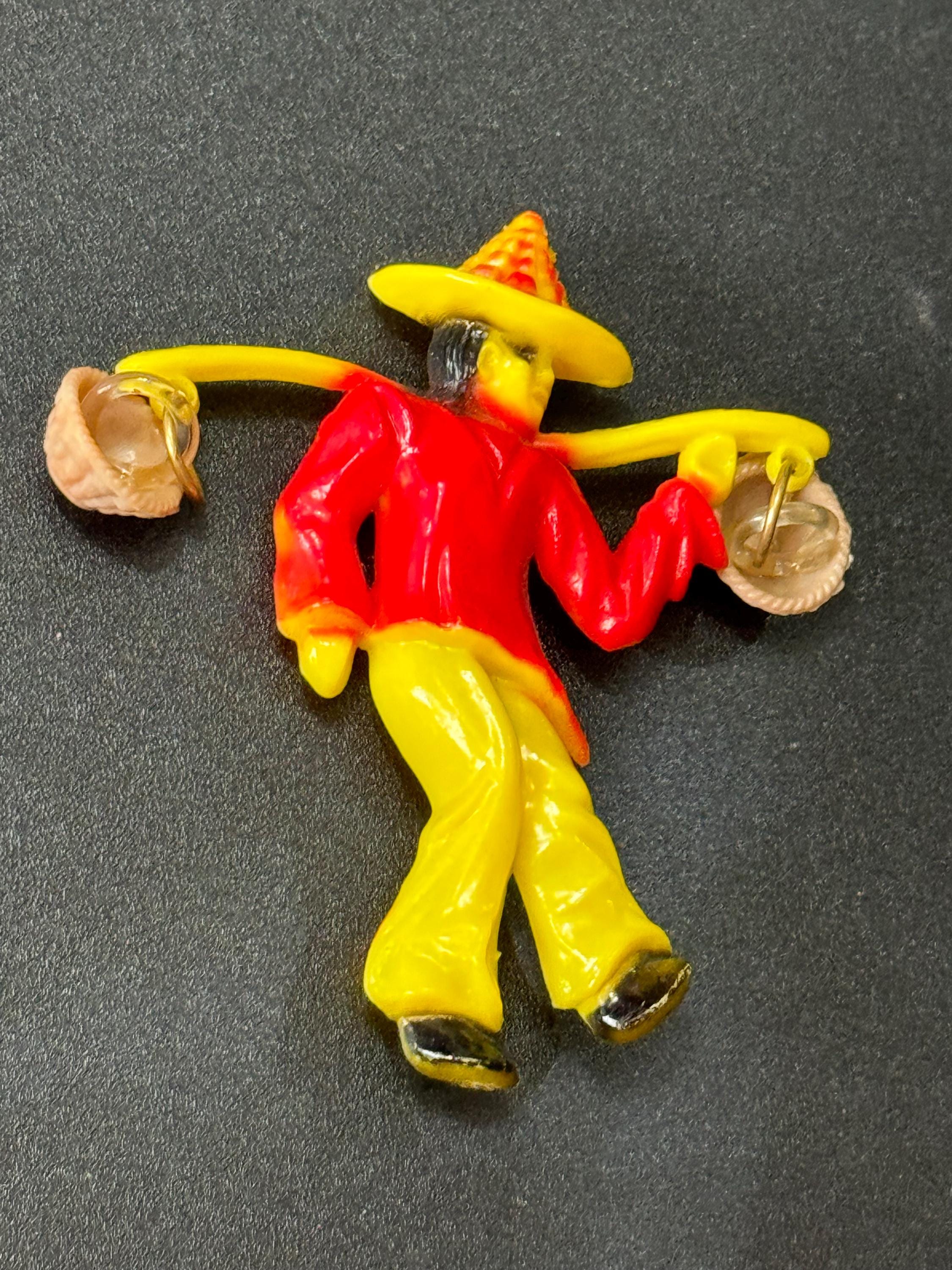 Oversized Vintage Red yellow early plastic China man Chinese baskets 8cm brooch 1960s