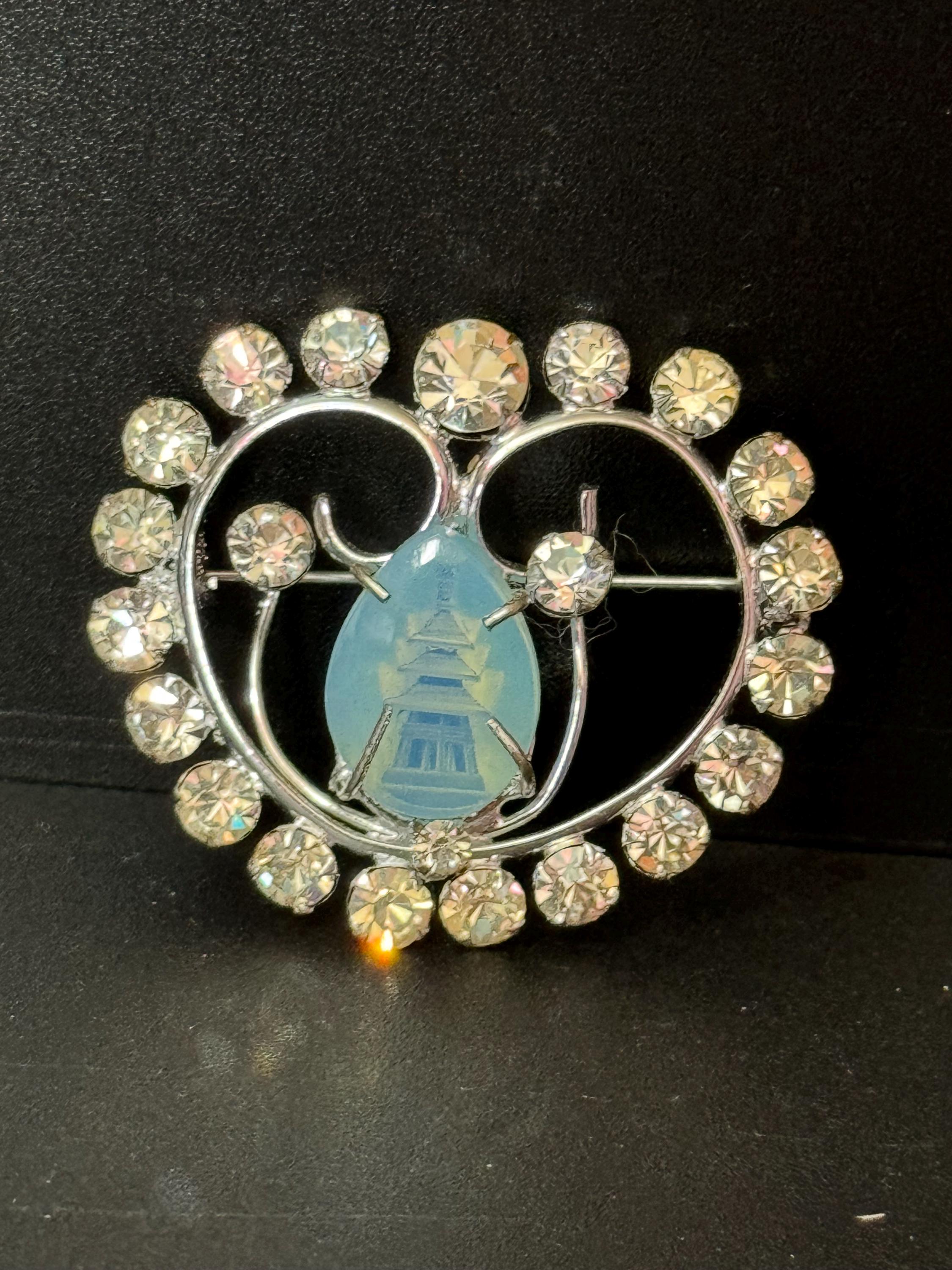 Vintage Chinese Pagoda Brooch, Reverse Carved Glass & Diamanté