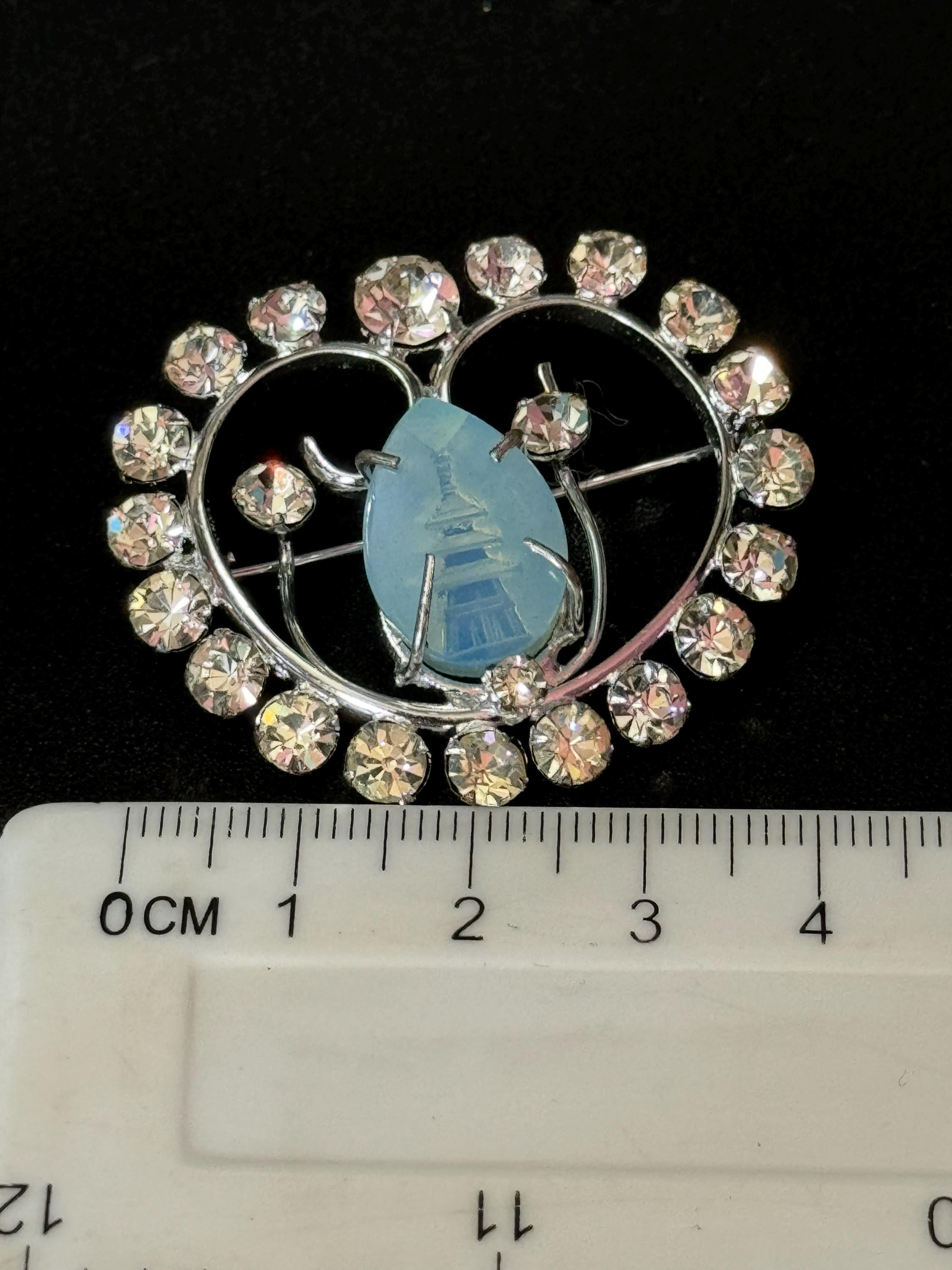 Vintage Chinese Pagoda Brooch, Reverse Carved Glass & Diamanté