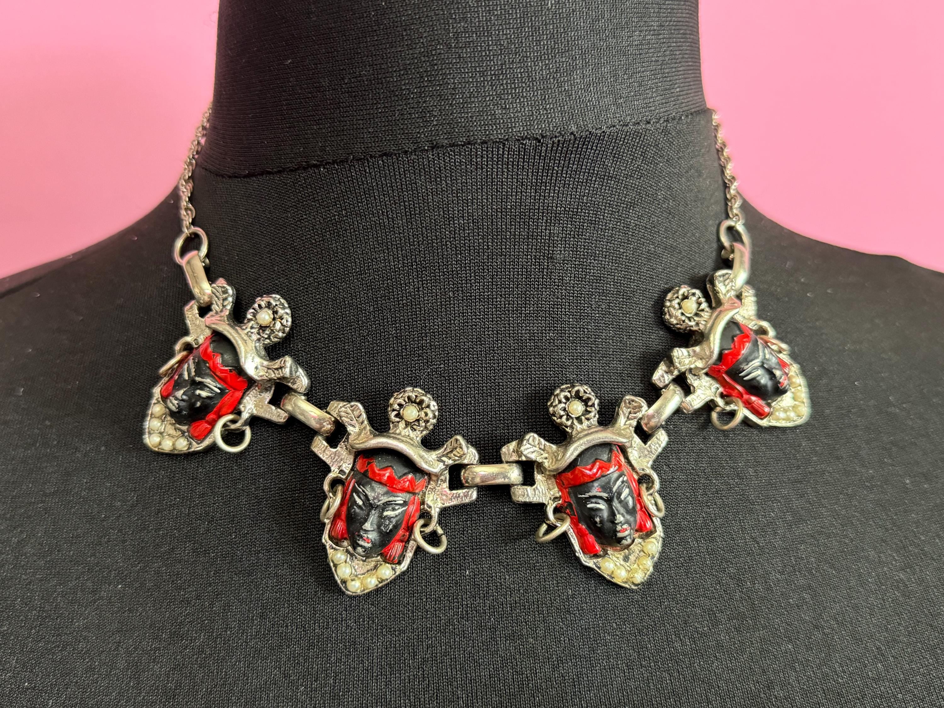 Vintage selro selini black Asian prince panel link enamel oriental necklace
