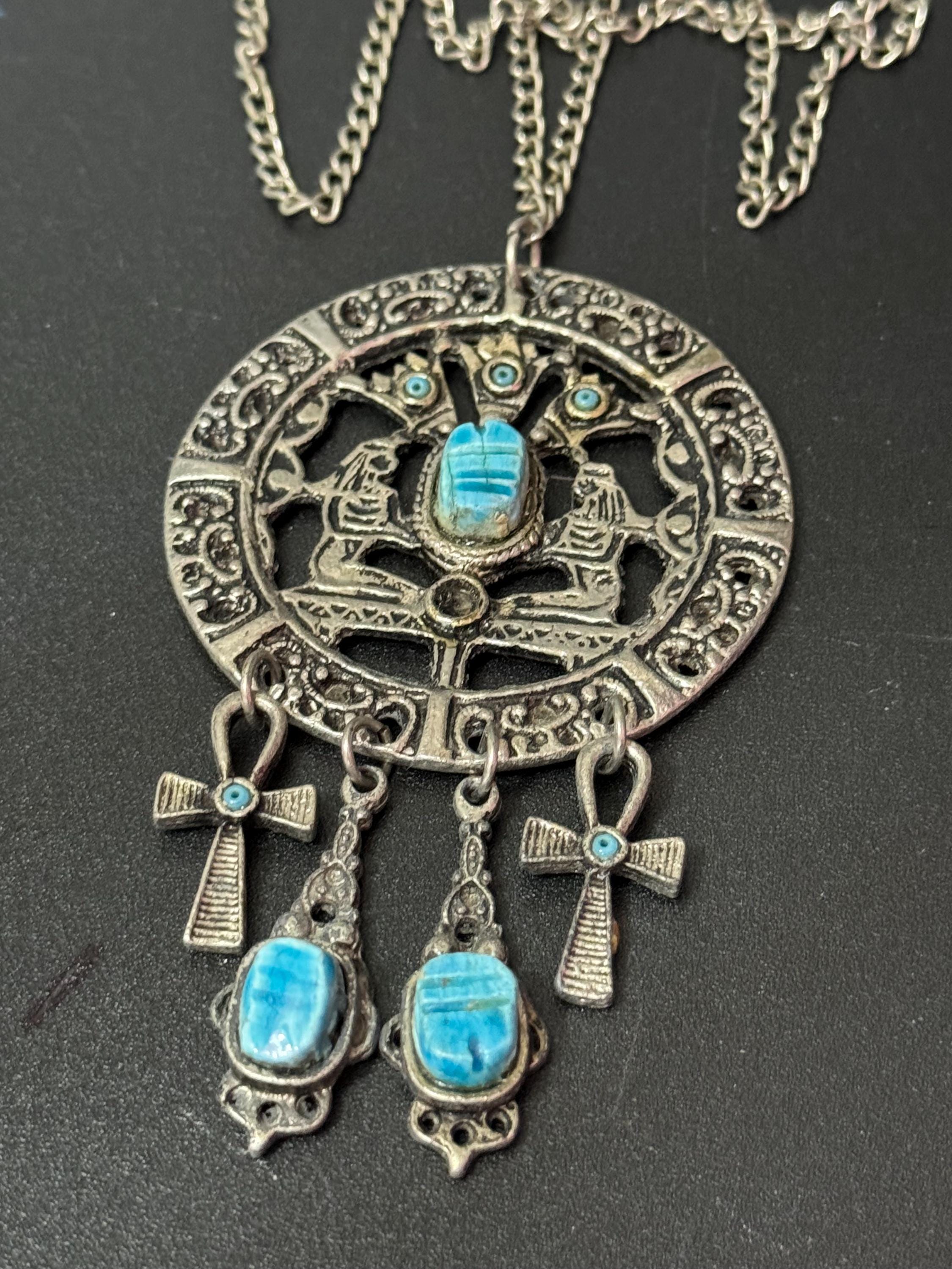 Art Deco Egyptian Revival turquoise scarab beetle Silver Tone metal pendant necklace