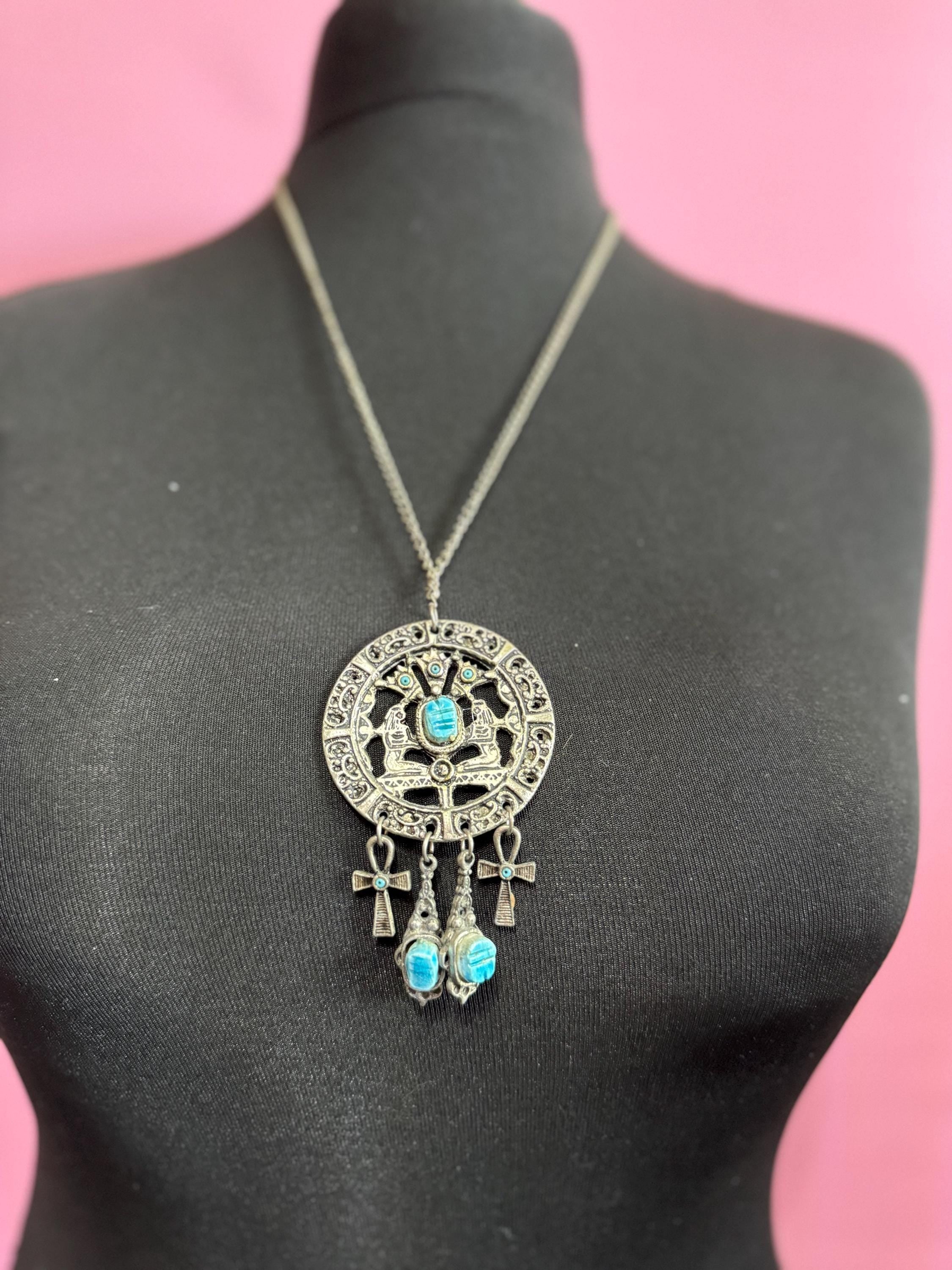 Art Deco Egyptian Revival turquoise scarab beetle Silver Tone metal pendant necklace