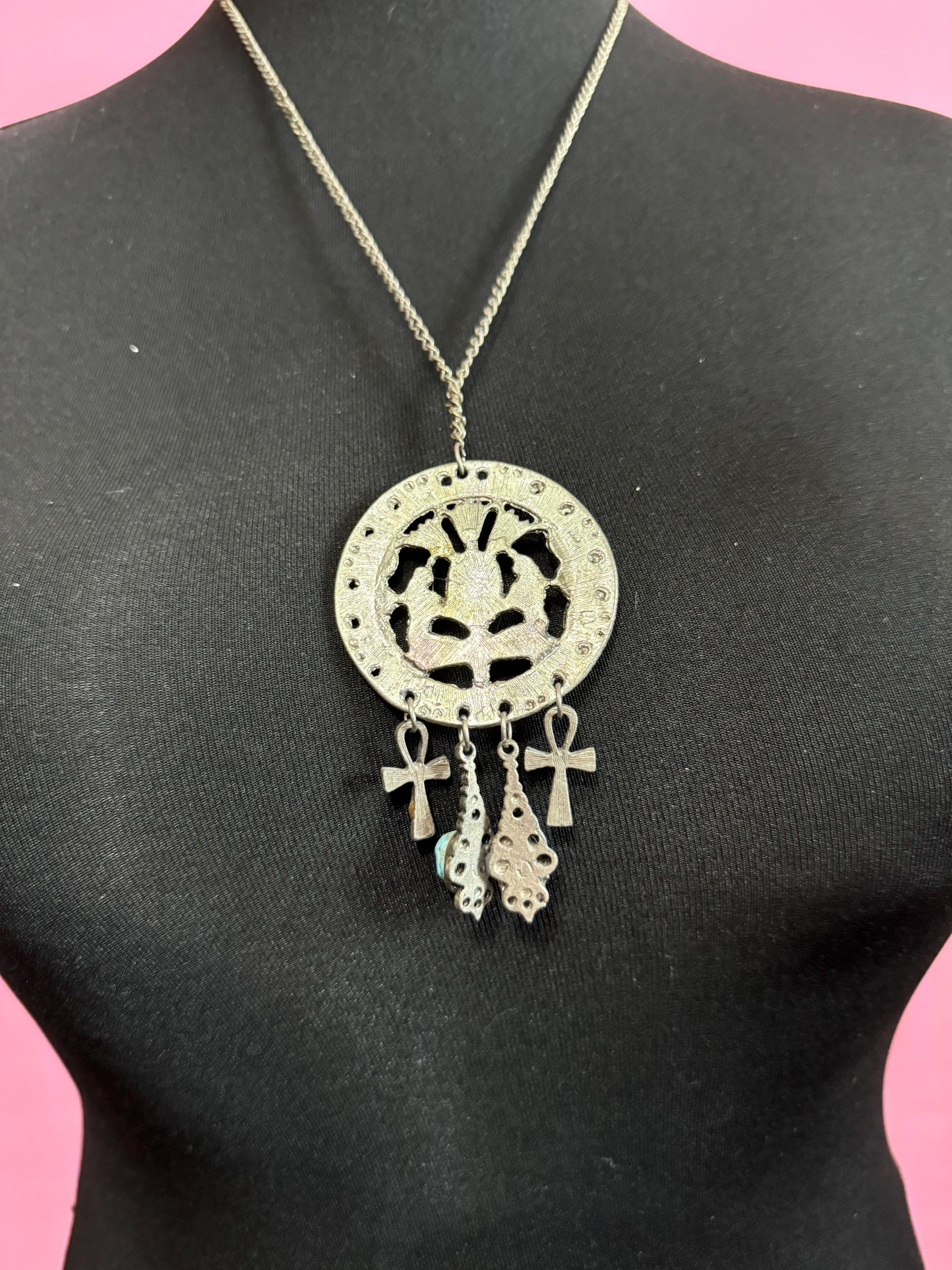 Art Deco Egyptian Revival turquoise scarab beetle Silver Tone metal pendant necklace