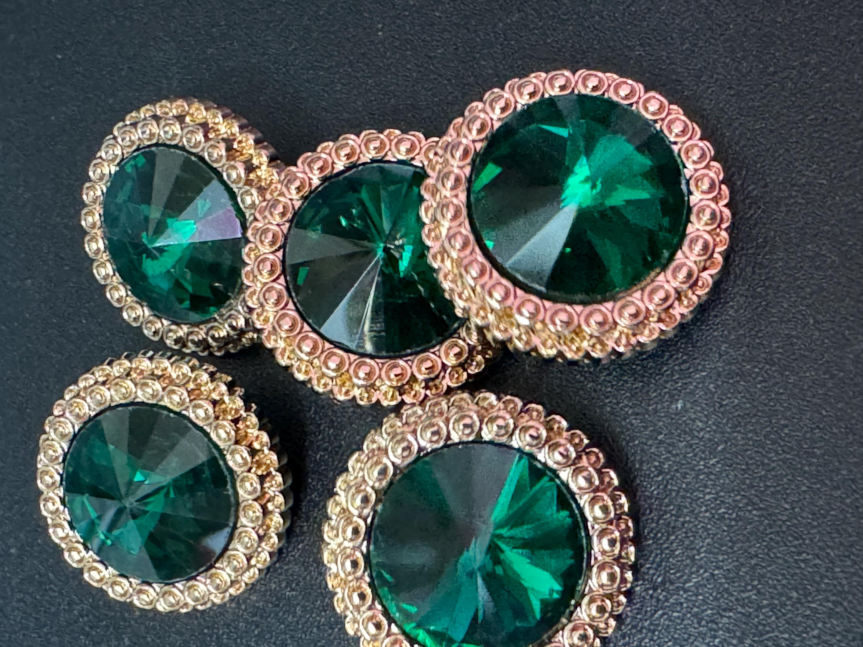 21mm Emerald Green Rivoli Crystal Glass Buttons Pack of 5 – Gold Tone Metal Shank, High-Quality Round Crystal Buttons for Sewing crafts