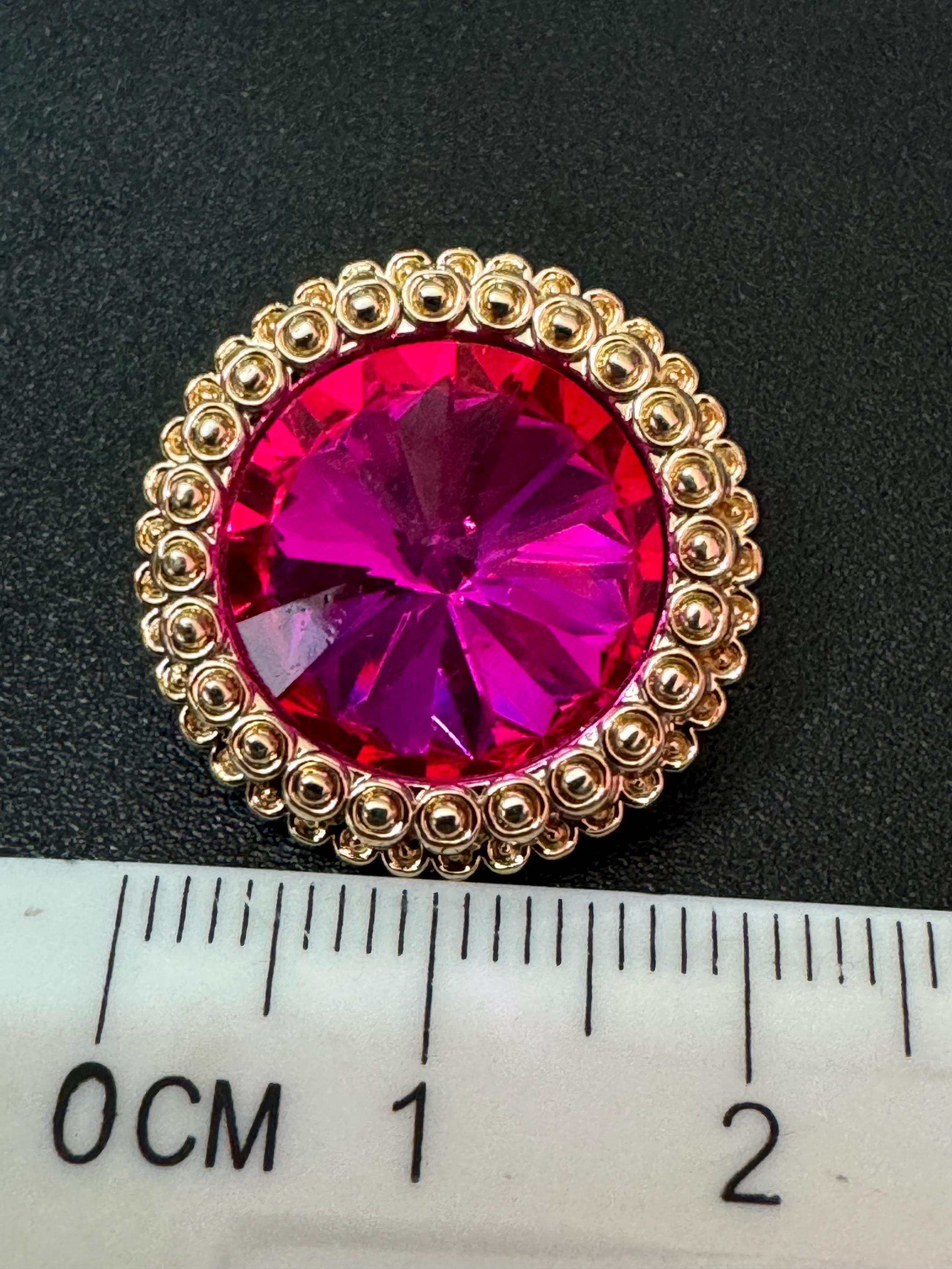 21mm Bright Pink Rivoli Crystal Glass Buttons Pack of 5 – Gold Tone Metal Shank, High-Quality Round Crystal Buttons for Sewing & Crafts