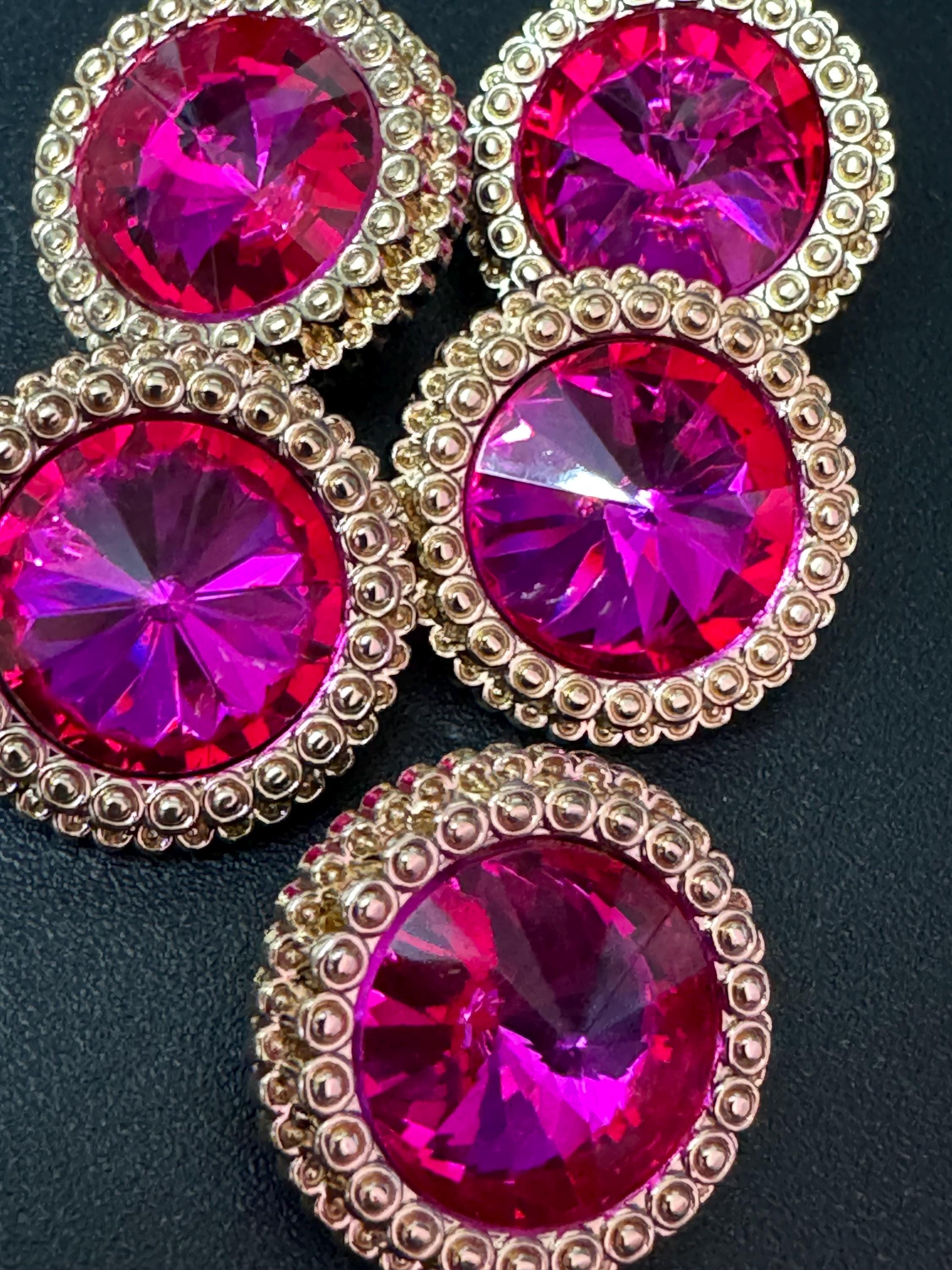 21mm Bright Pink Rivoli Crystal Glass Buttons Pack of 5 – Gold Tone Metal Shank, High-Quality Round Crystal Buttons for Sewing & Crafts
