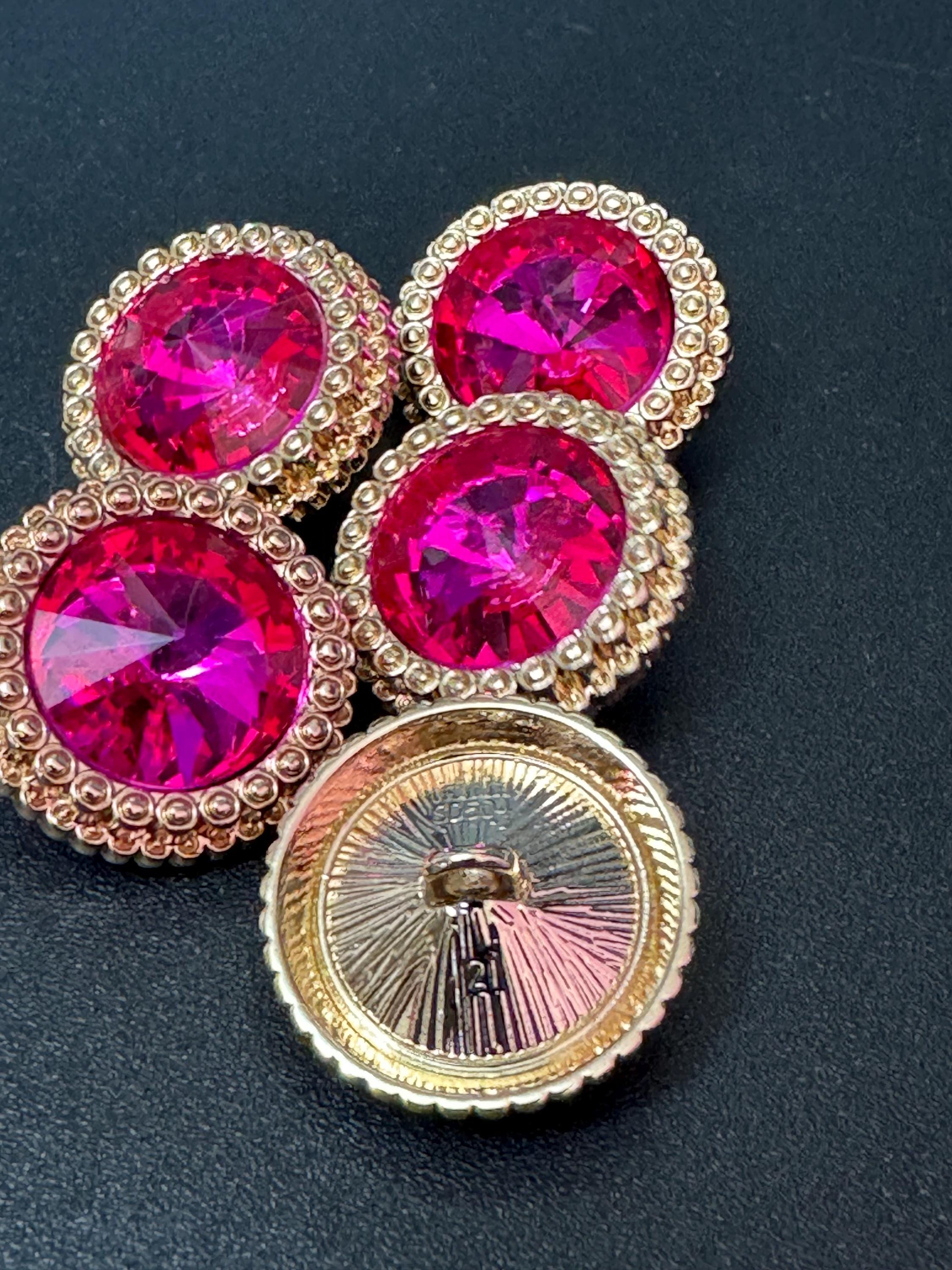 21mm Bright Pink Rivoli Crystal Glass Buttons Pack of 5 – Gold Tone Metal Shank, High-Quality Round Crystal Buttons for Sewing & Crafts