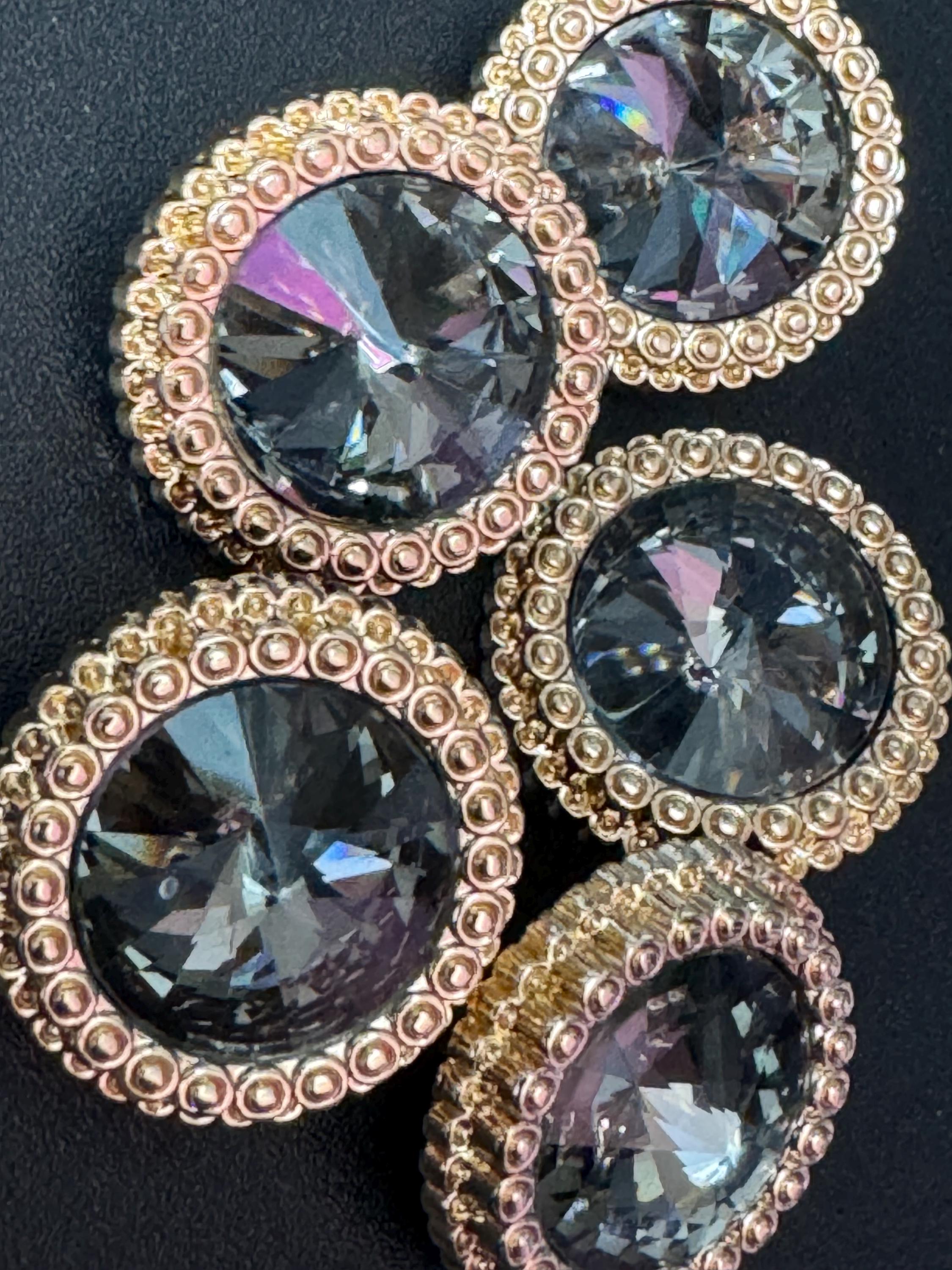 21mm Dark Grey Rivoli Crystal Glass Buttons Pack of 5 – Gold Tone Metal Shank, Elegant High-Quality Round Crystal Buttons for Sewing