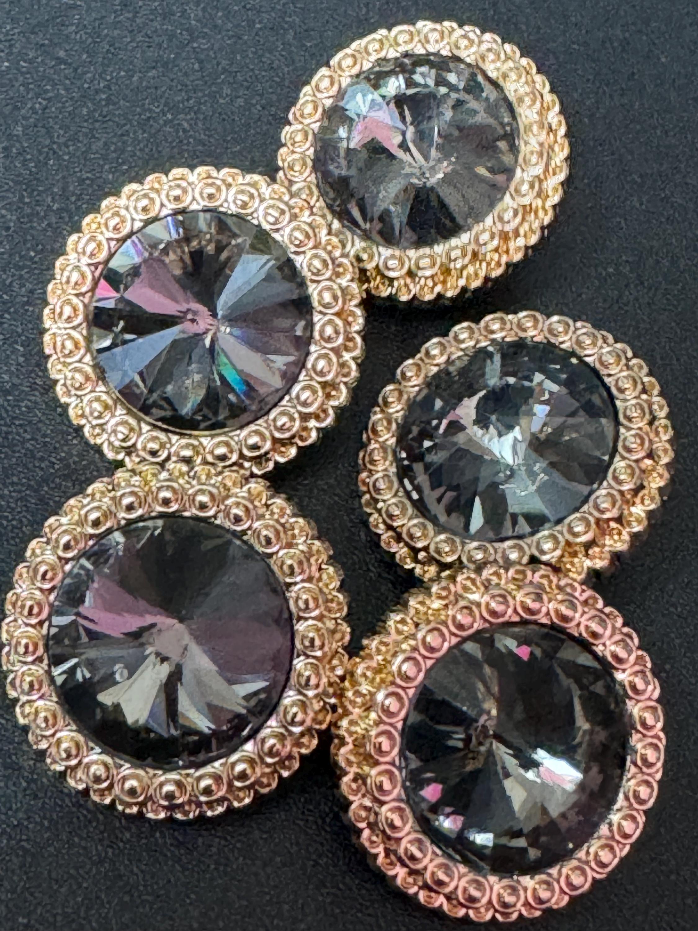21mm Dark Grey Rivoli Crystal Glass Buttons Pack of 5 – Gold Tone Metal Shank, Elegant High-Quality Round Crystal Buttons for Sewing
