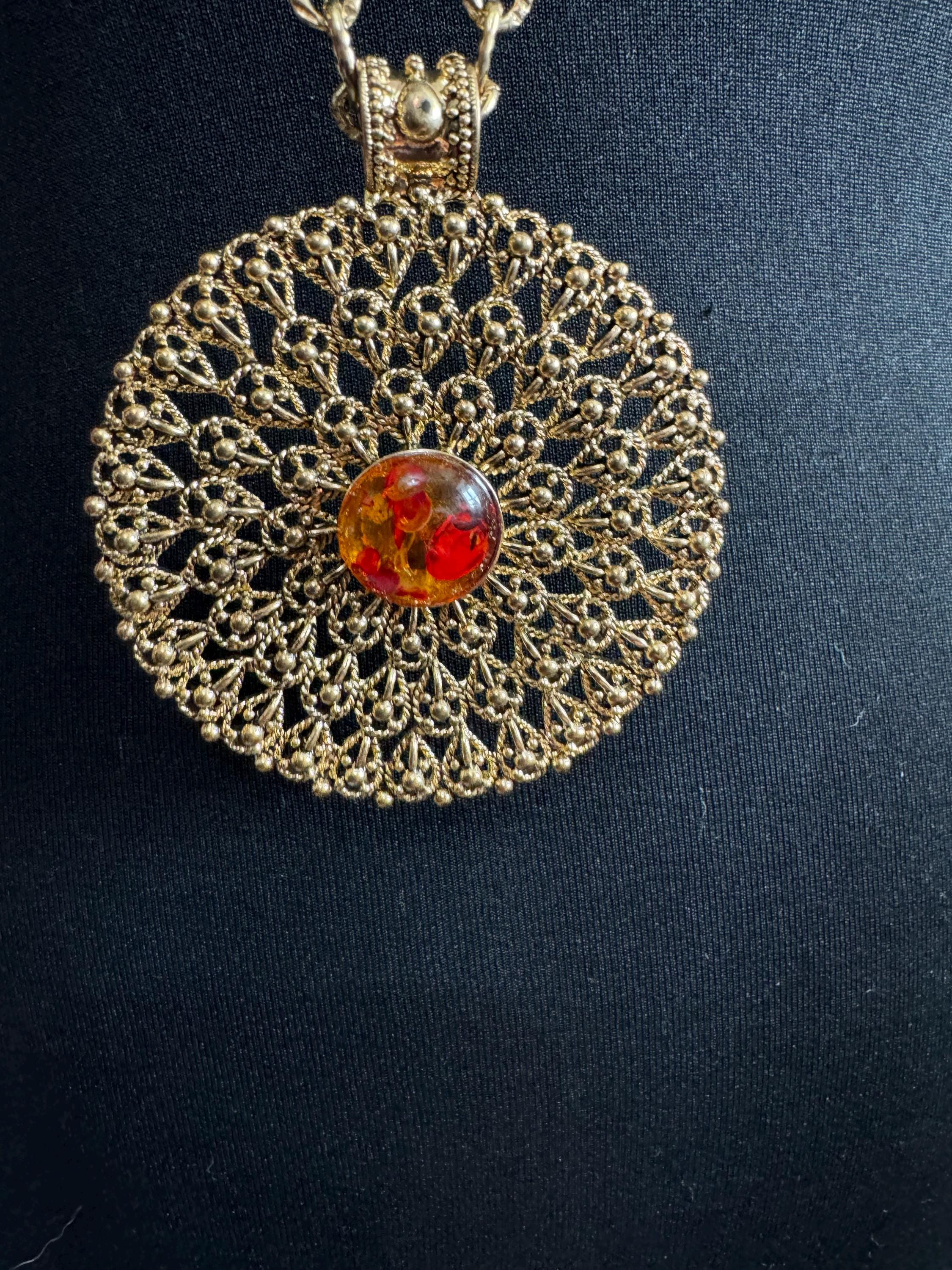 vintage signed vclm gold tone brutalist large round medallion pendant necklace on 100cm chain