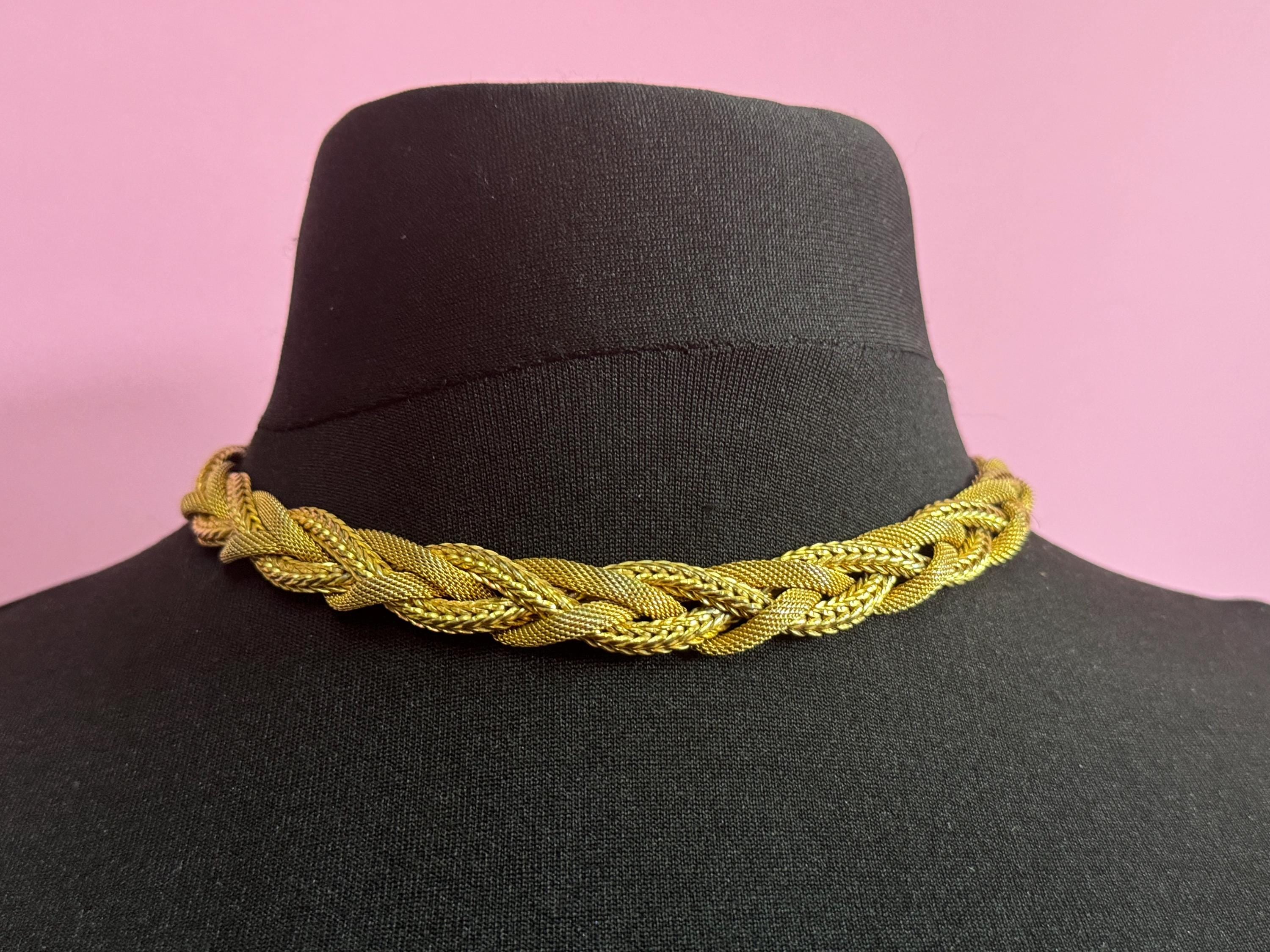 Vintage gold tone wide woven choker Collar necklace 44cm x 1.4cm
