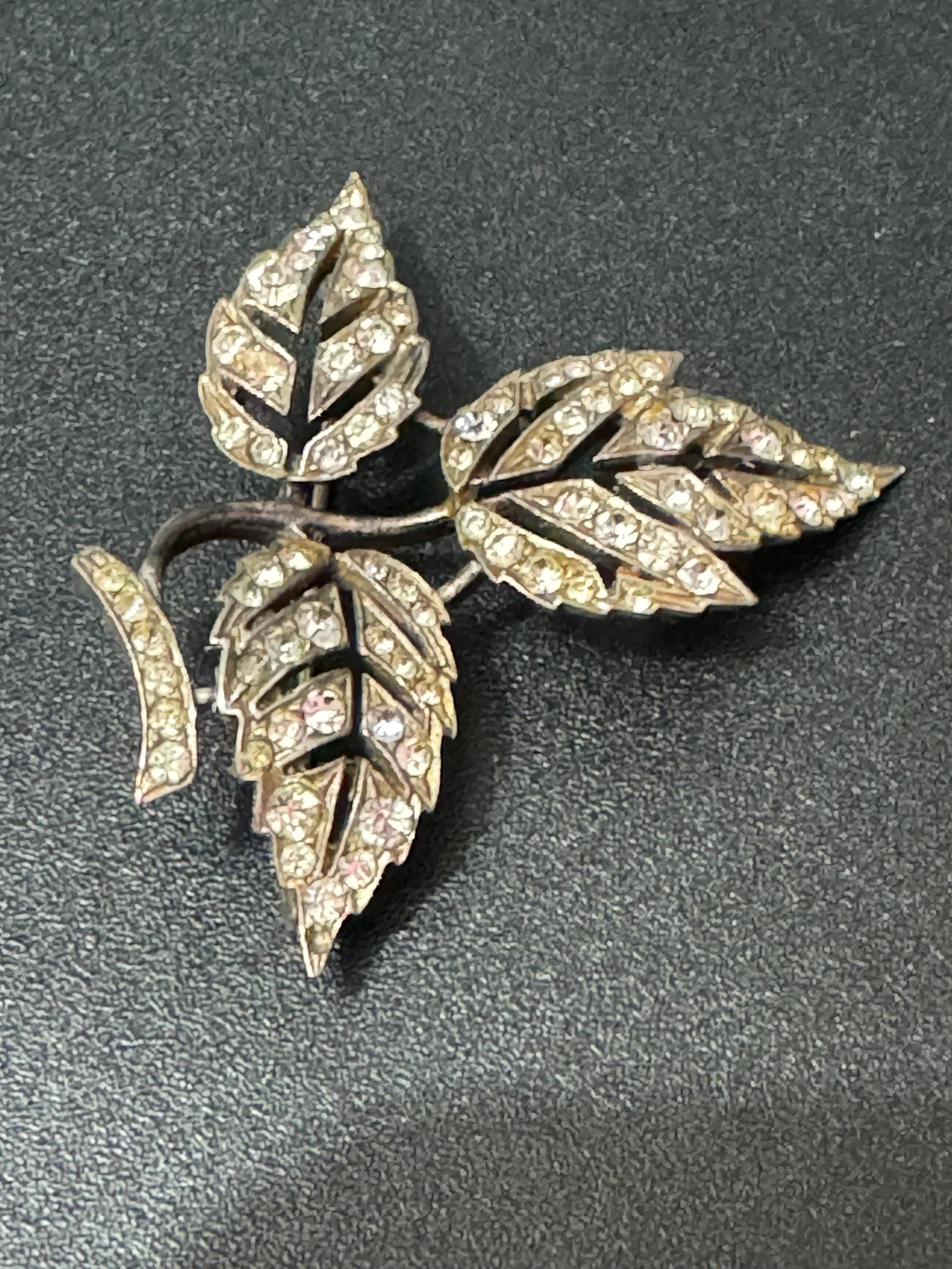 Uk Sterling 925 silver fine floral leaf brooch with clear diamanté 4.5cm