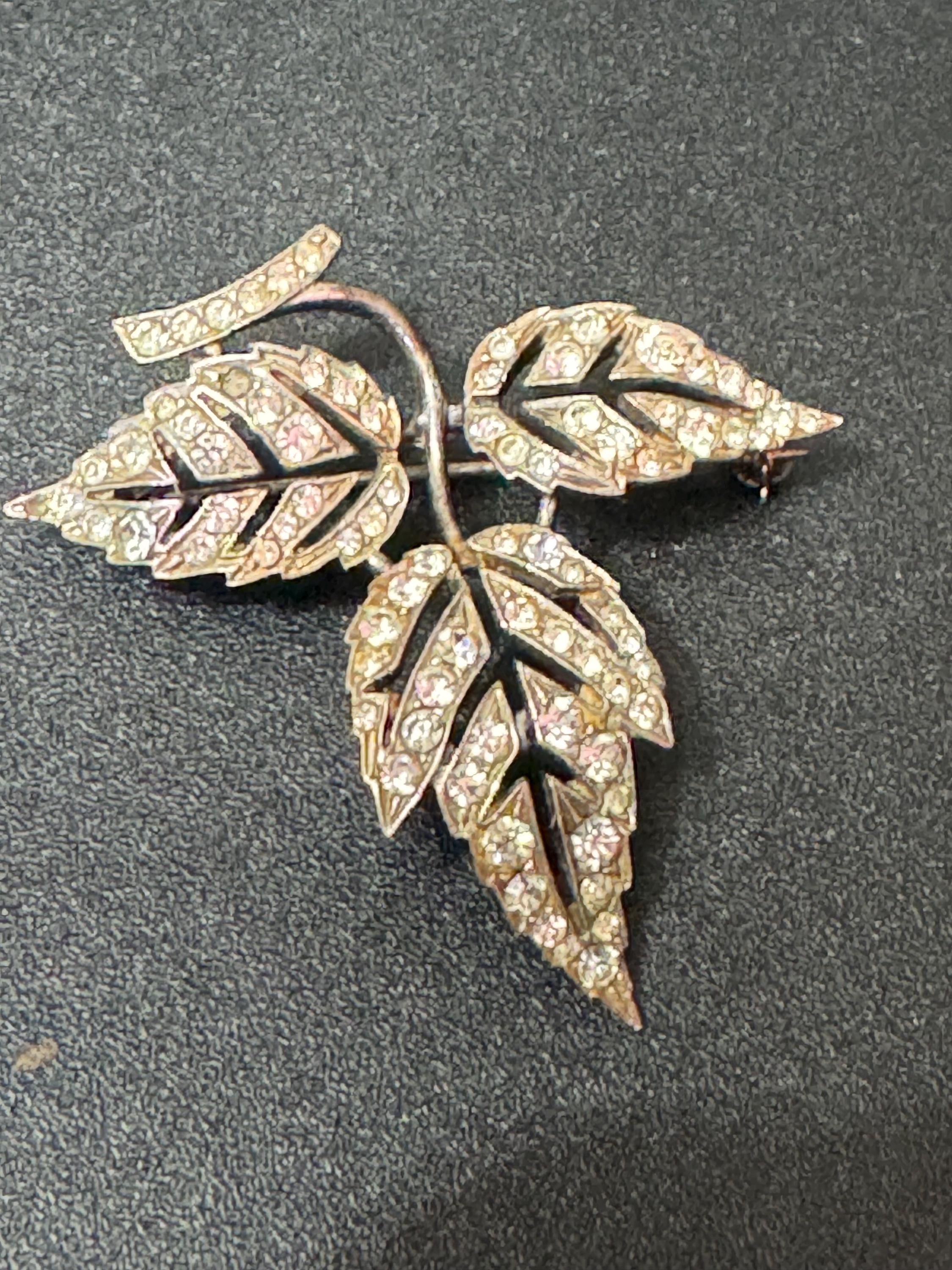 Uk Sterling 925 silver fine floral leaf brooch with clear diamanté 4.5cm