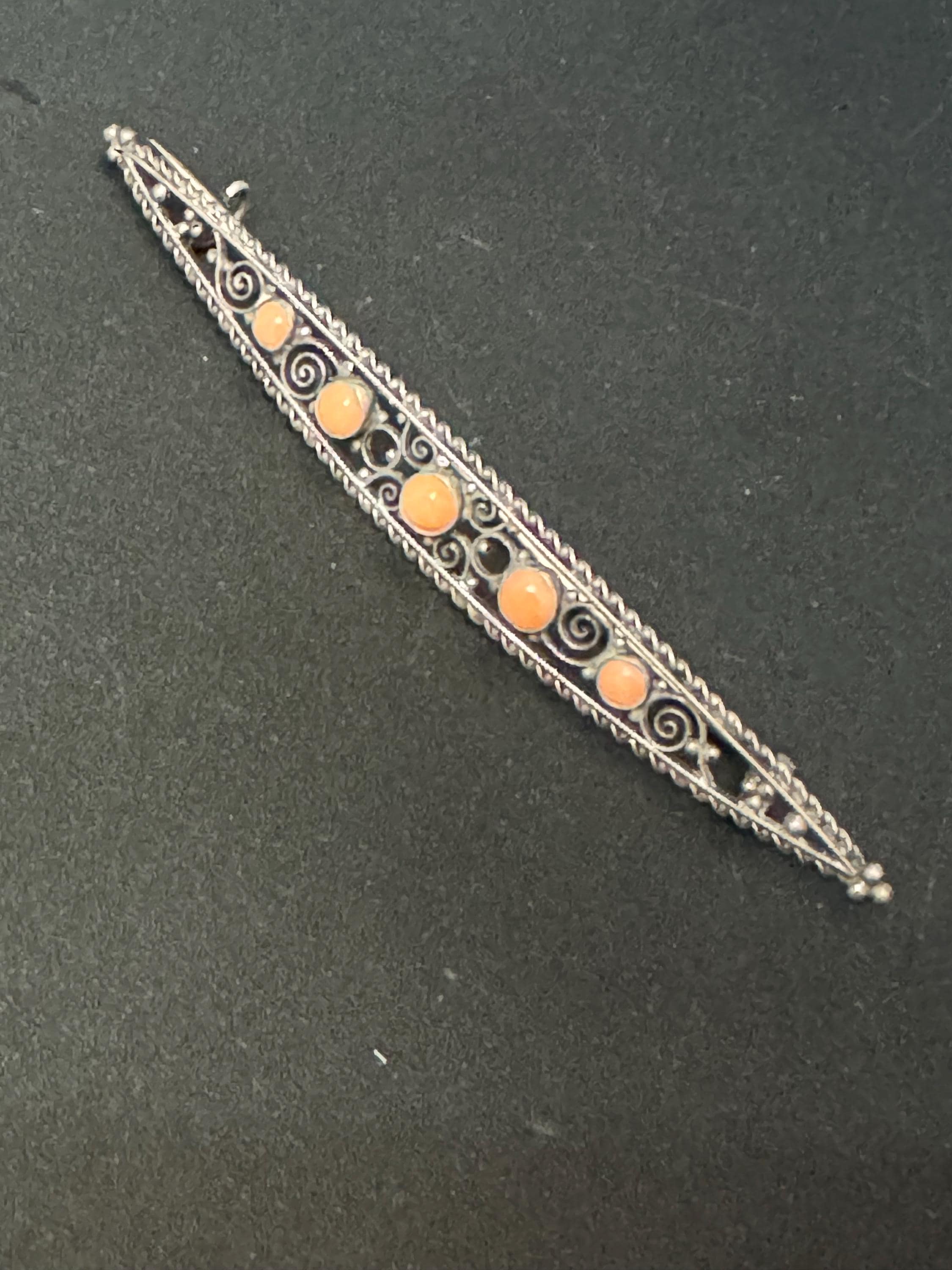 Antique 800 grade GB silver filigree long bar Brooch with coral gemstone cabochons c clasp stamped