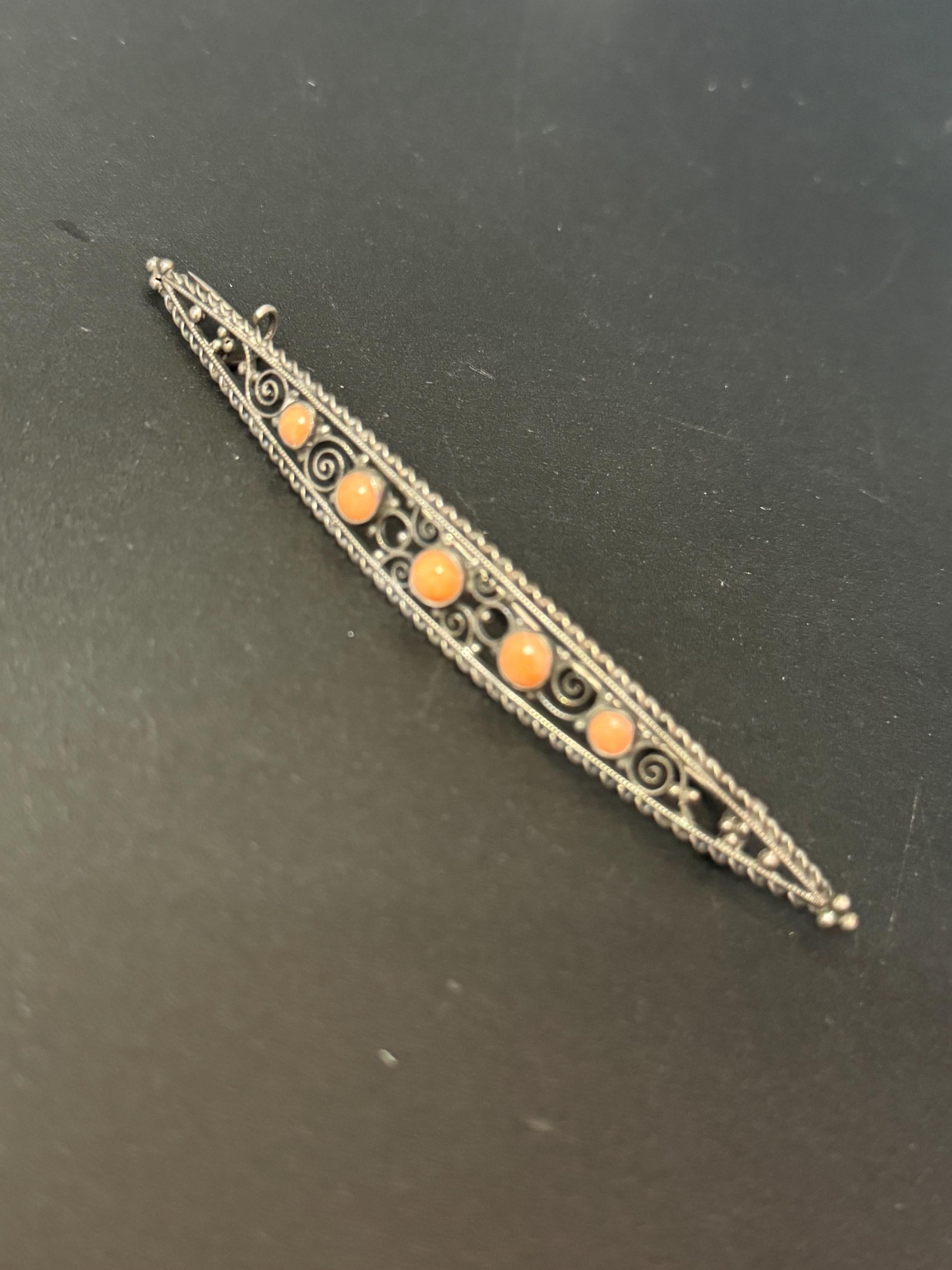 Antique 800 grade GB silver filigree long bar Brooch with coral gemstone cabochons c clasp stamped