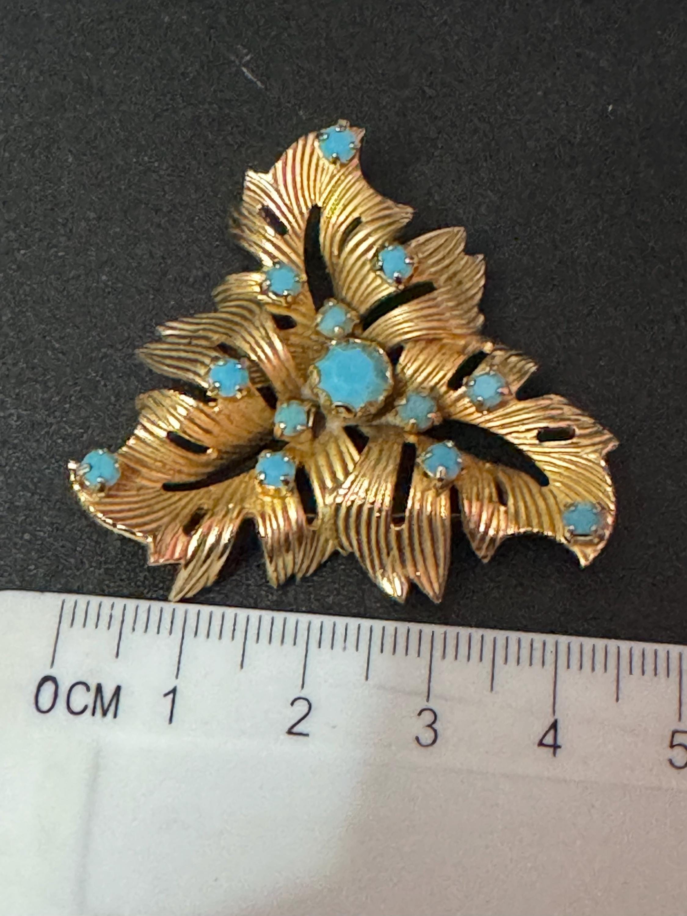 vintage gold plated triangular turquoise paste brooch mid century