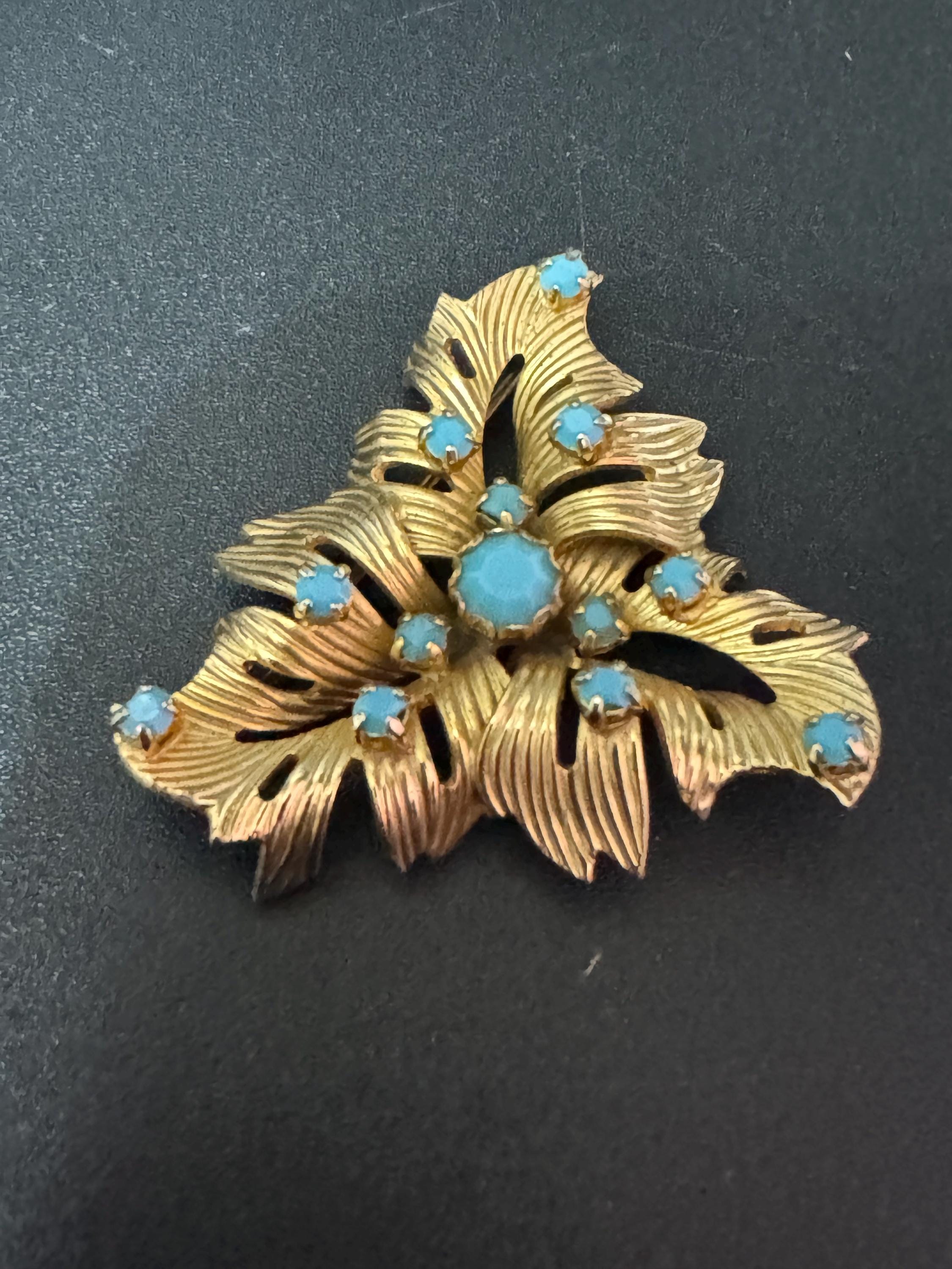vintage gold plated triangular turquoise paste brooch mid century