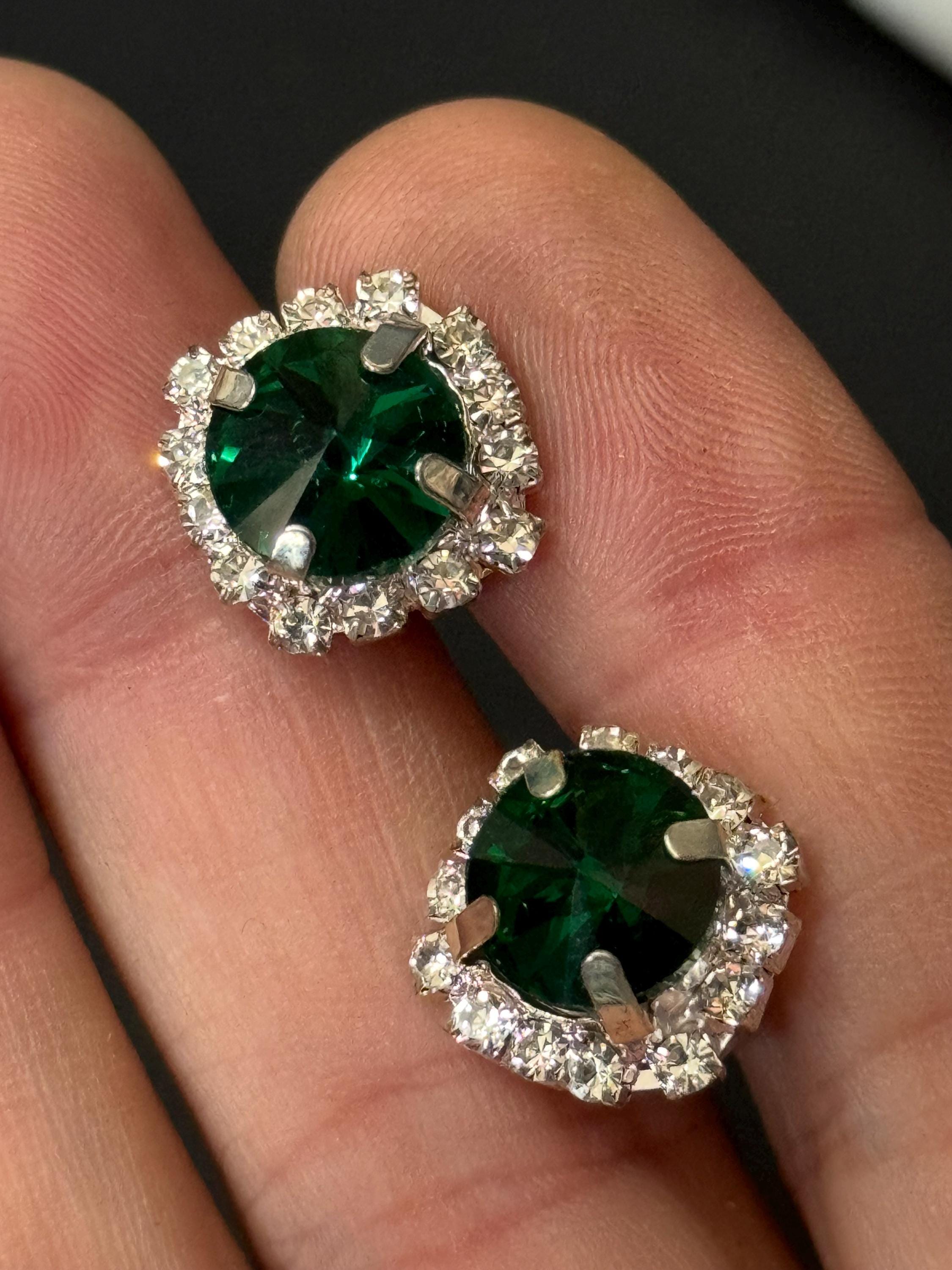 Emerald green and clear glass Rhinestone large stud pierced Earrings silver tone