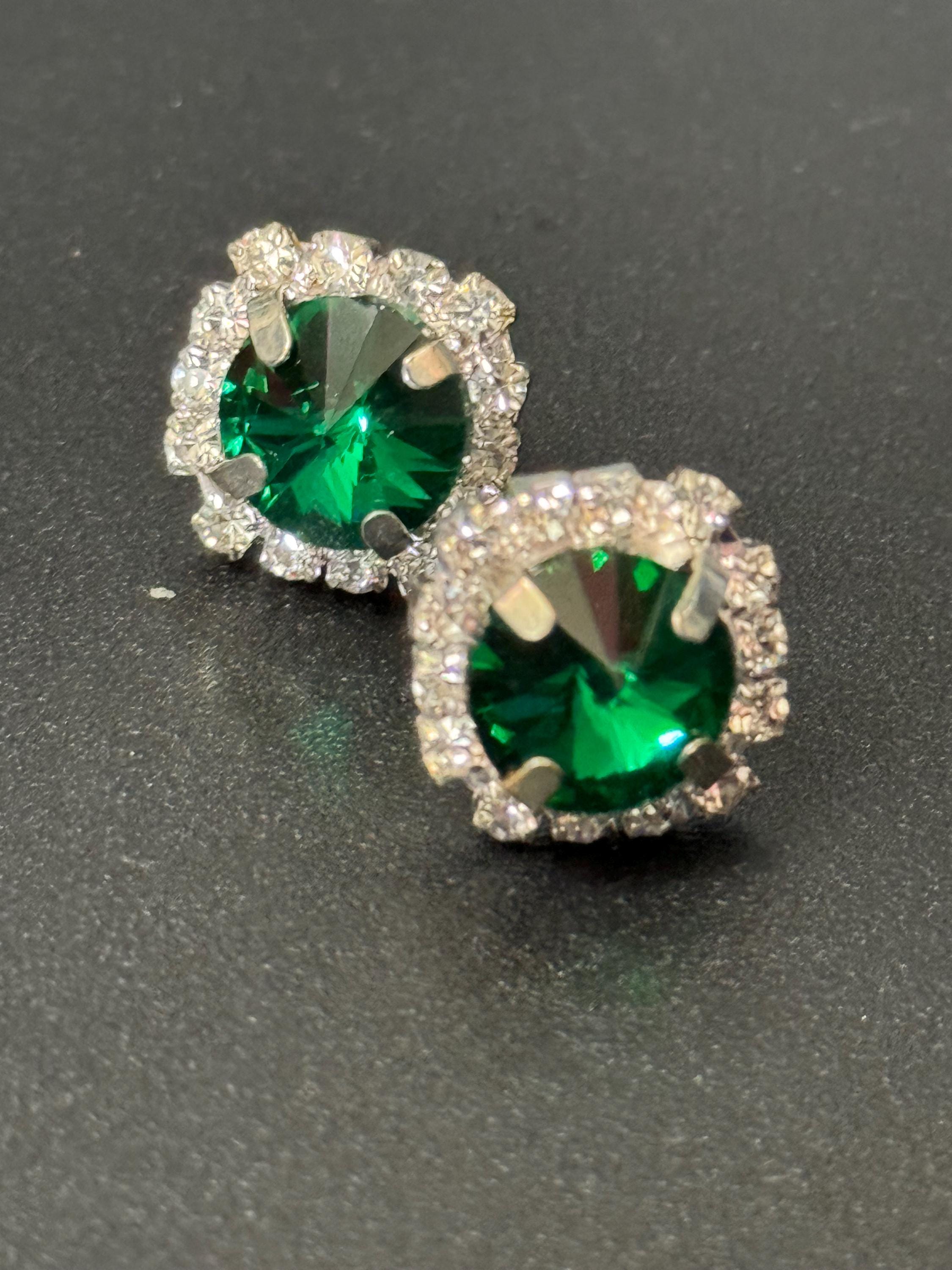 Emerald green and clear glass Rhinestone large stud pierced Earrings silver tone