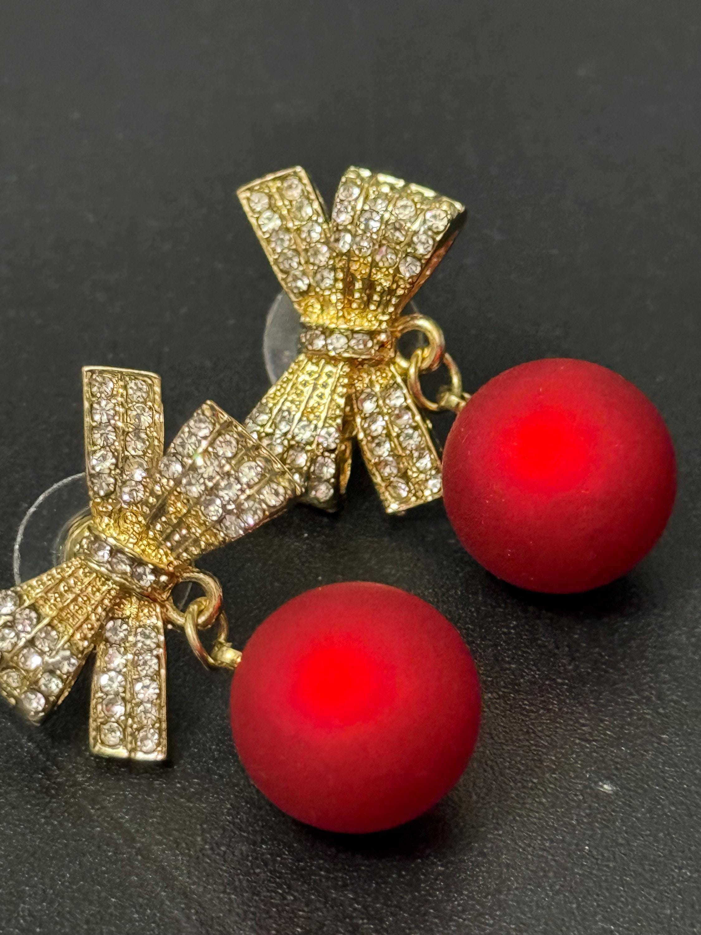 retro gold tone red pearl dangly drop diamante bow earrings for pierced ears