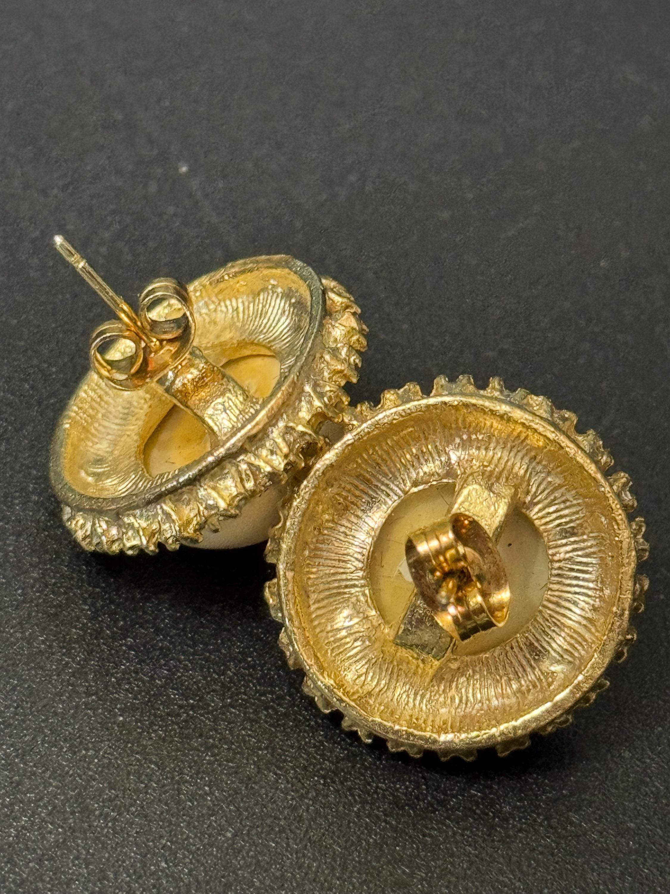 Vintage gold tone & clear diamanté paste stone with domed faux pearl cabochon stud earrings for pierced ears