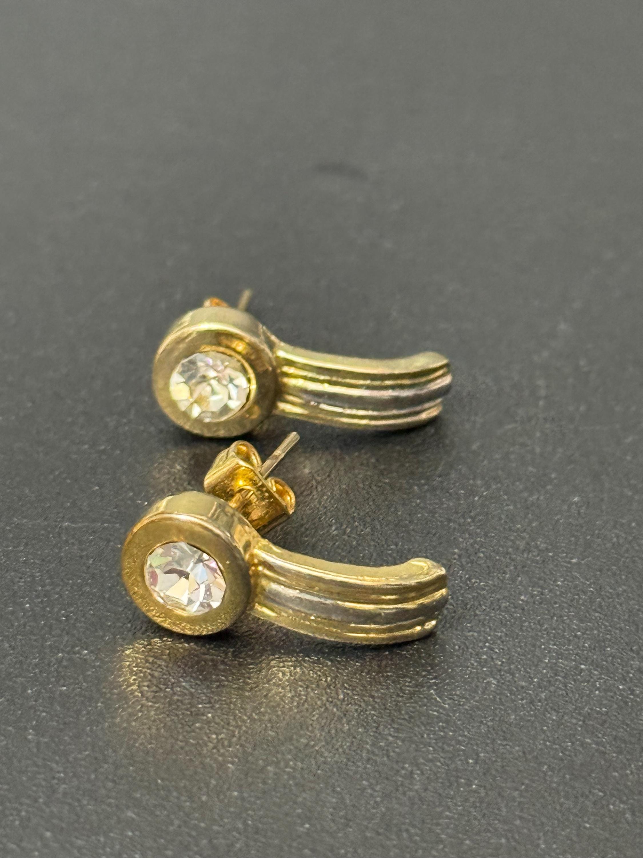 retro gold tone clear diamanté paste crystal stud earrings for pierced ears