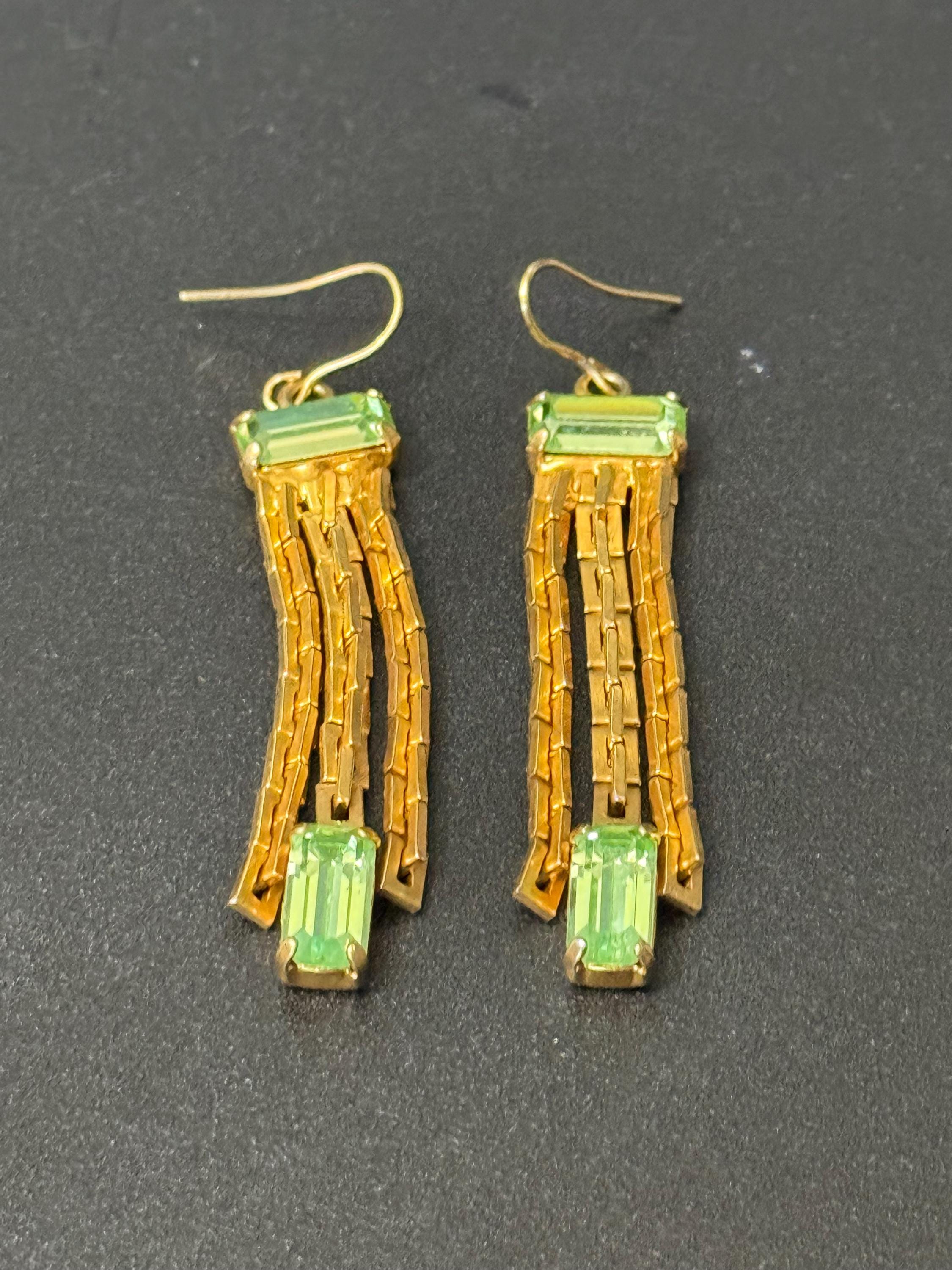 Vintage gold tone light green diamante drop chain earrings 1970s