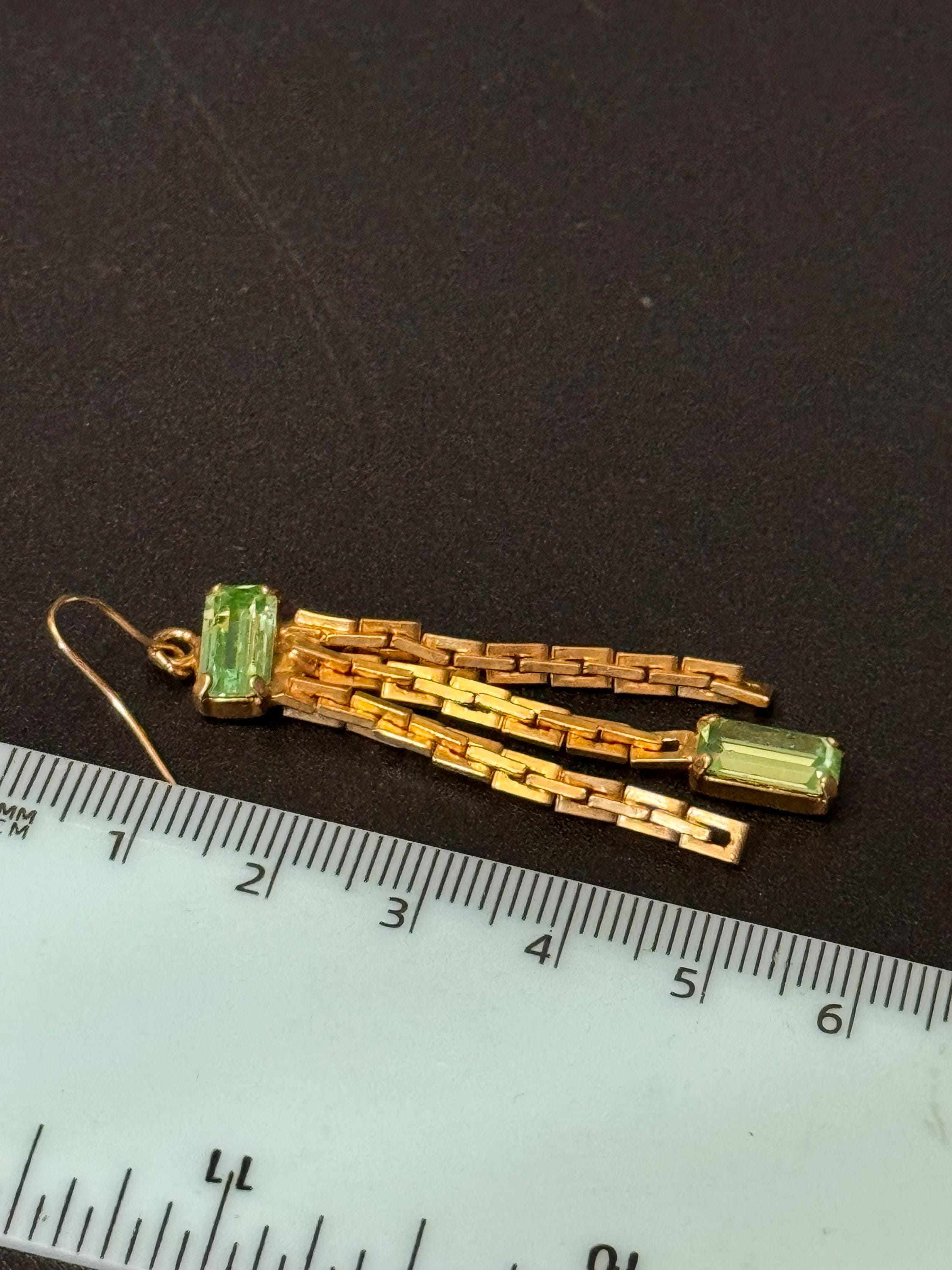 Vintage gold tone light green diamante drop chain earrings 1970s