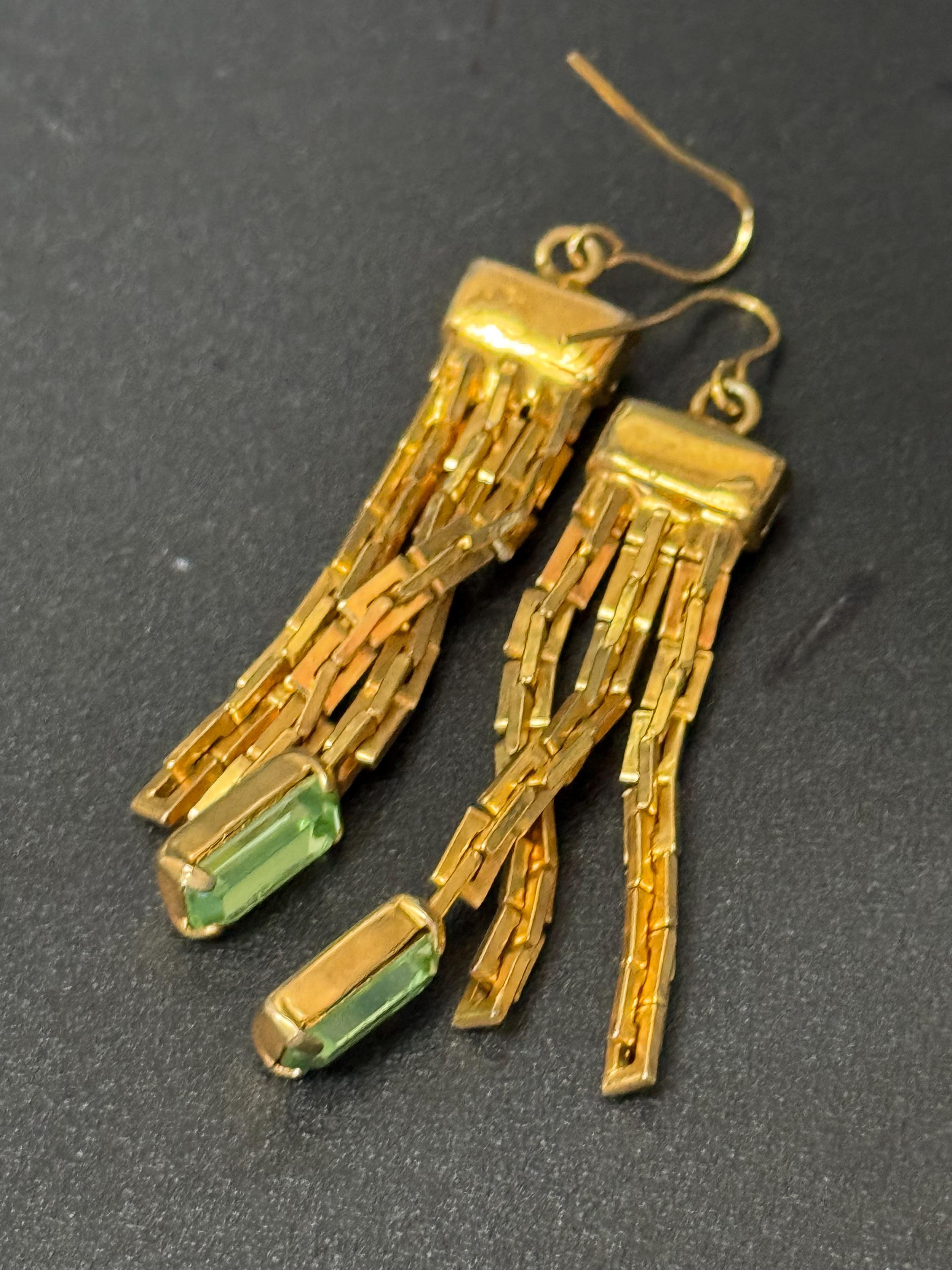 Vintage gold tone light green diamante drop chain earrings 1970s