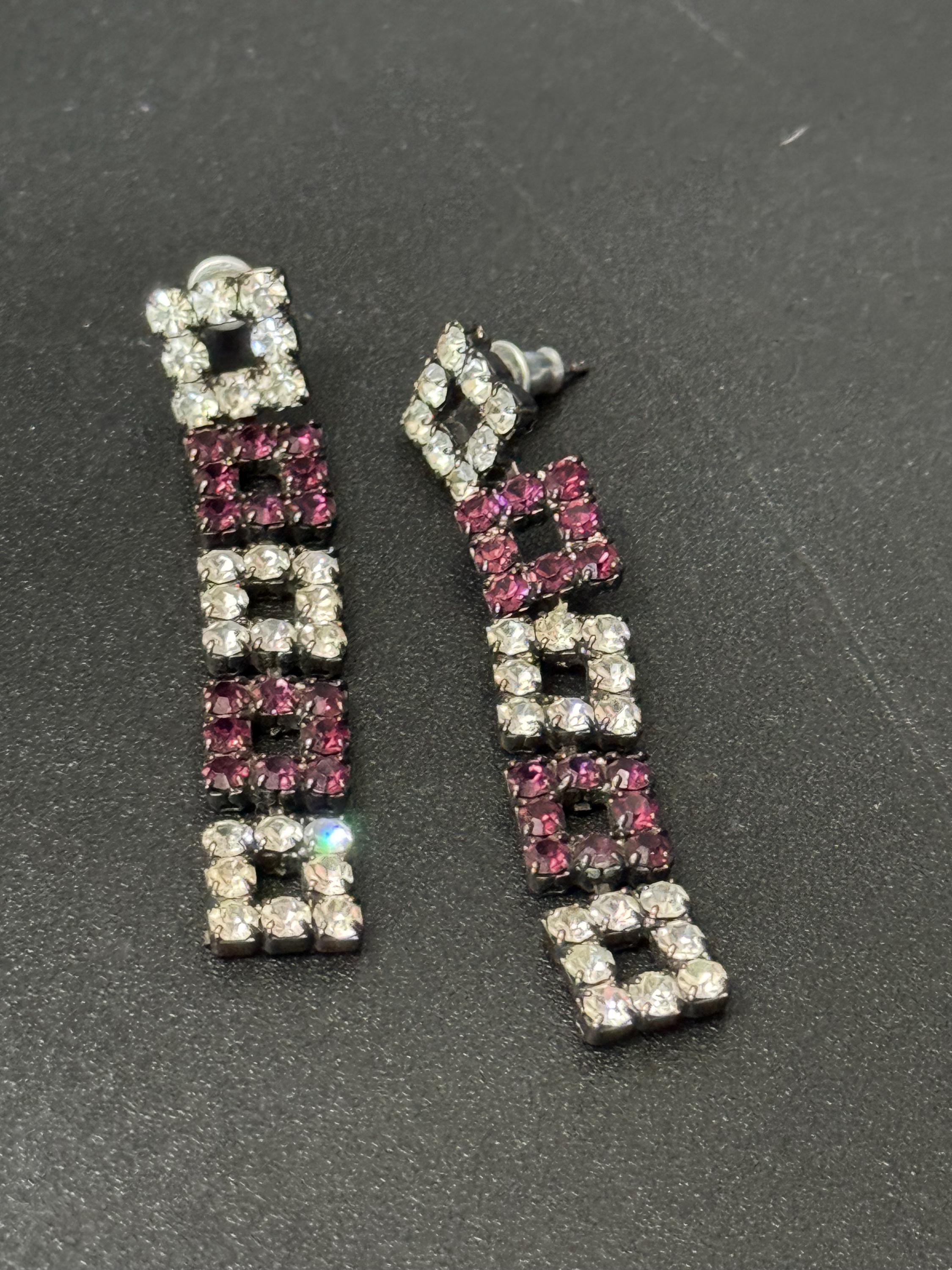 Retro Silver Tone Crystal Drop Earrings: Amethyst Purple Square Design