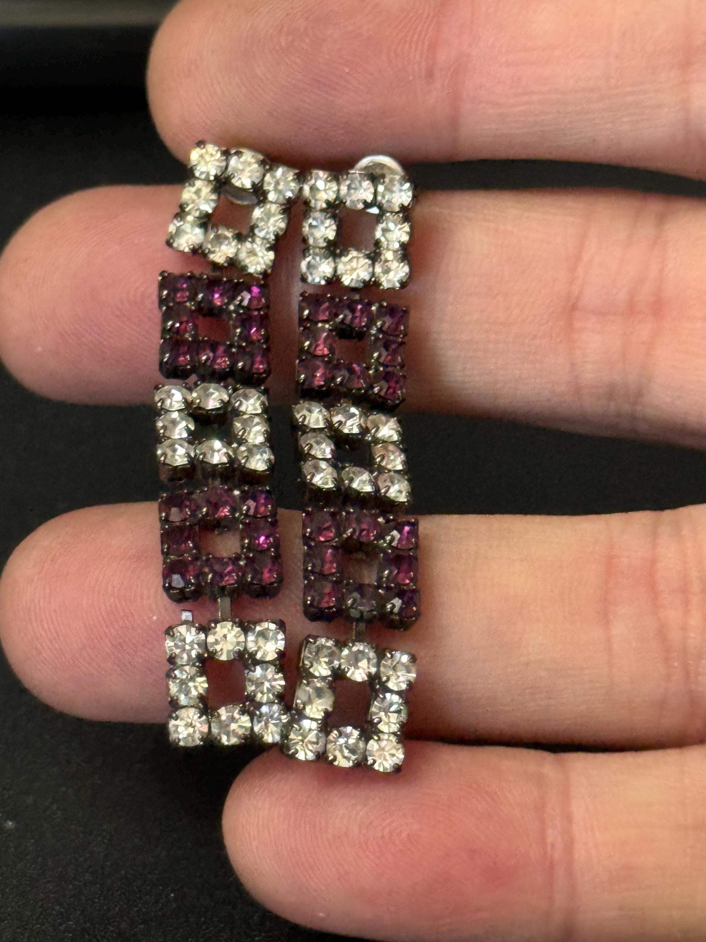 Retro Silver Tone Crystal Drop Earrings: Amethyst Purple Square Design