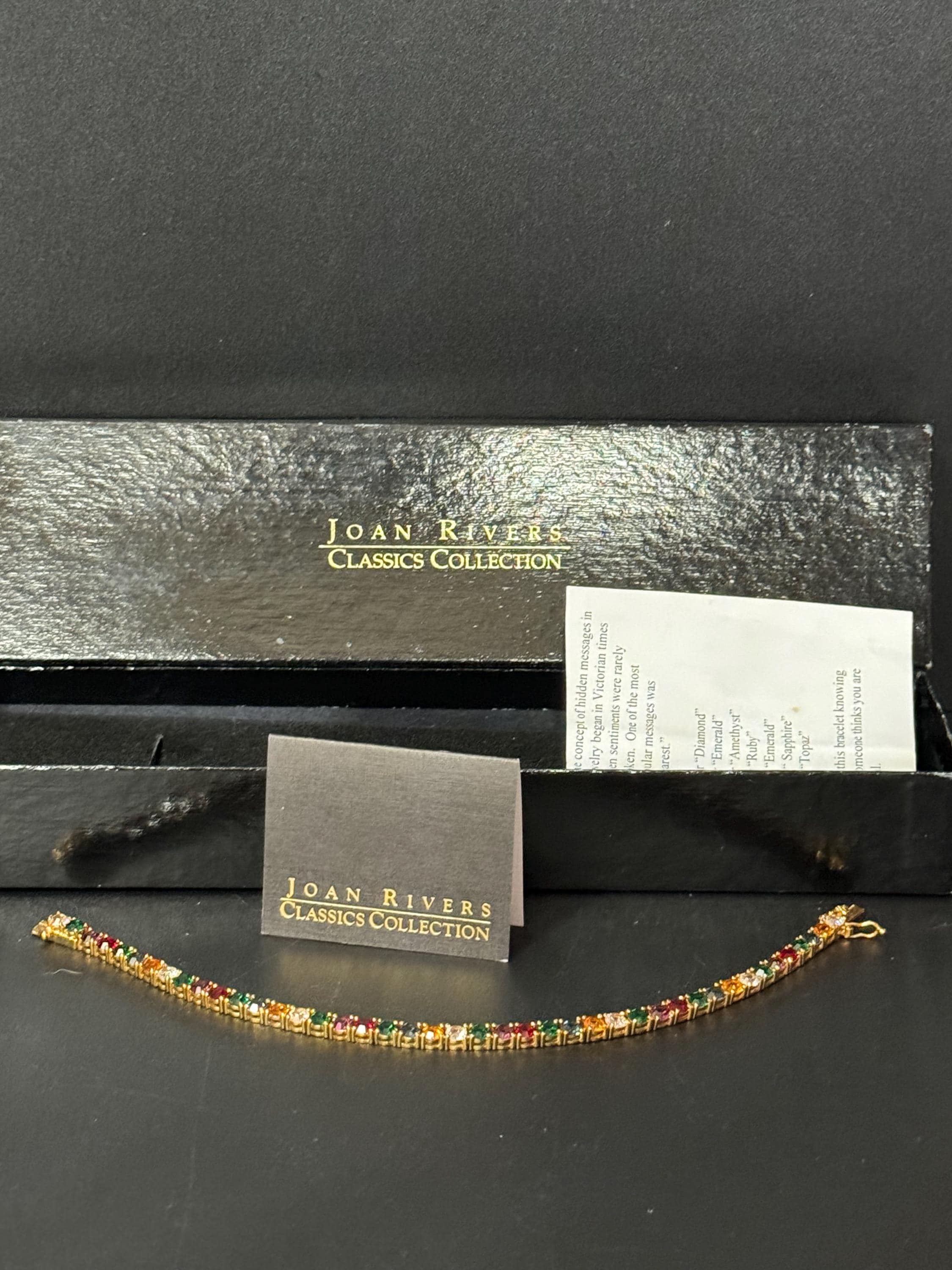 Signed Joan rivers gold plated multi coloured rainbow rhinestone tennis bracelet