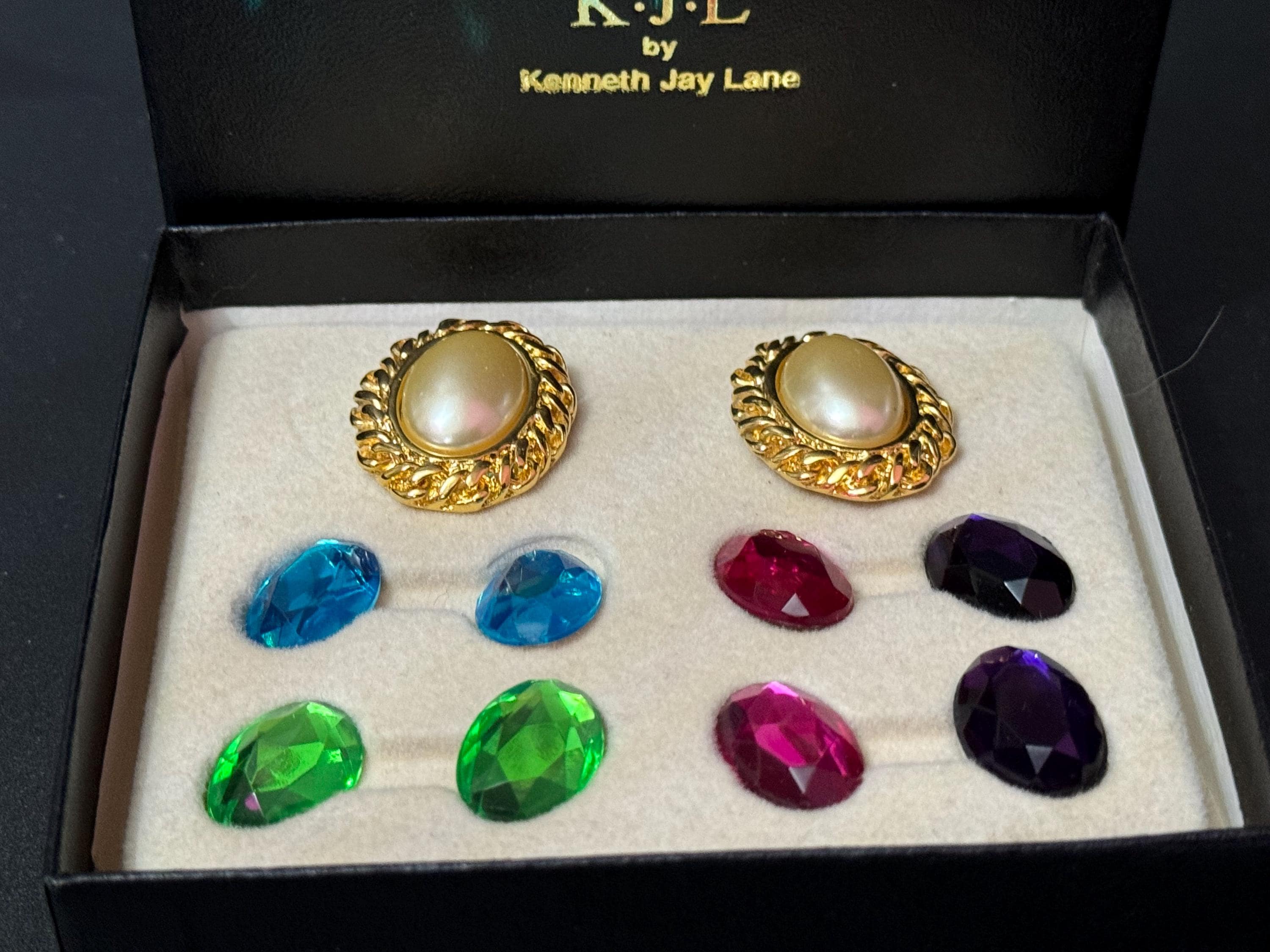 Signed KJL boxed set of interchangeable oval cabochon stud pierced earrings Kenneth lane