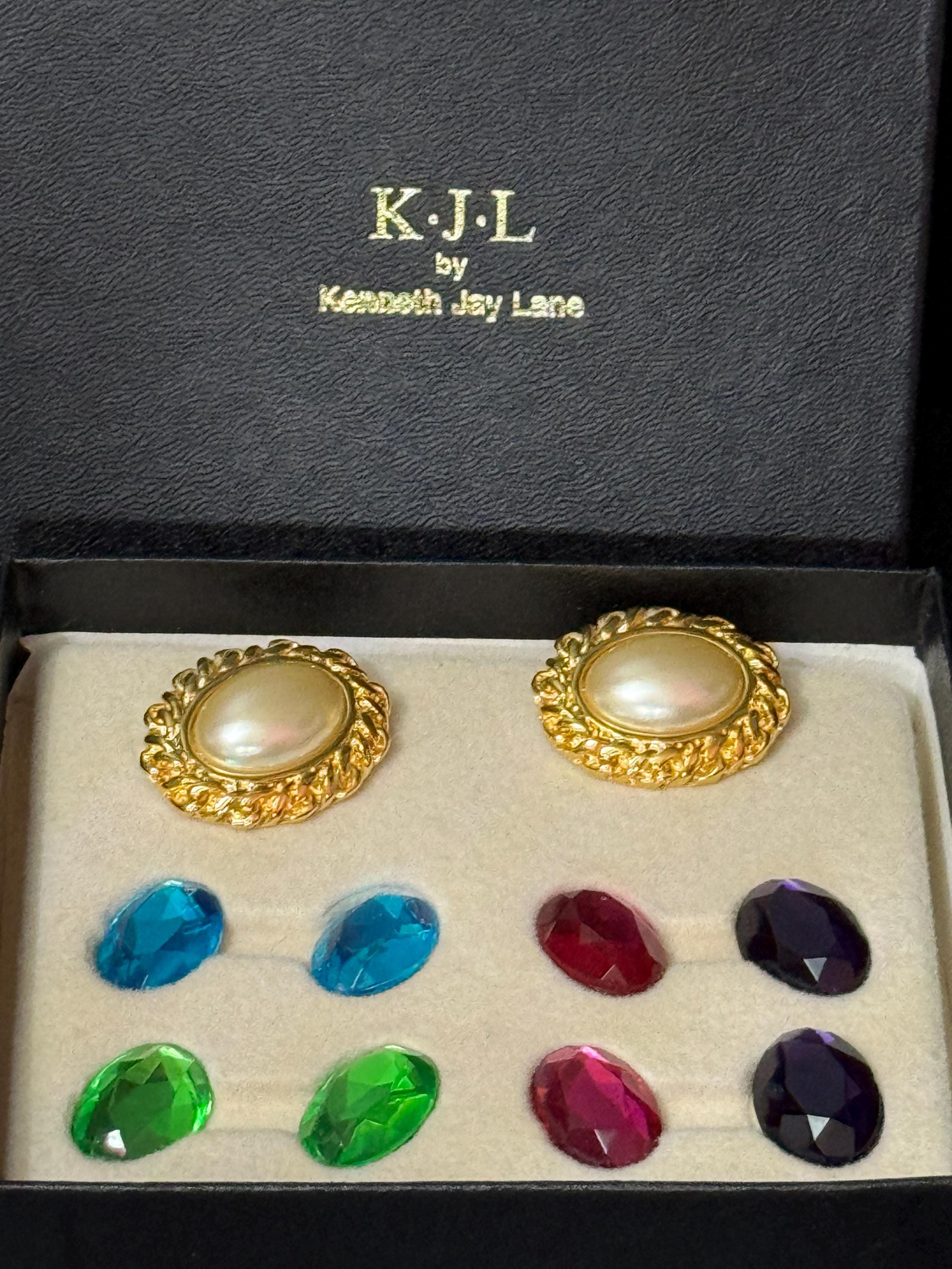 Signed KJL boxed set of interchangeable oval cabochon stud pierced earrings Kenneth lane