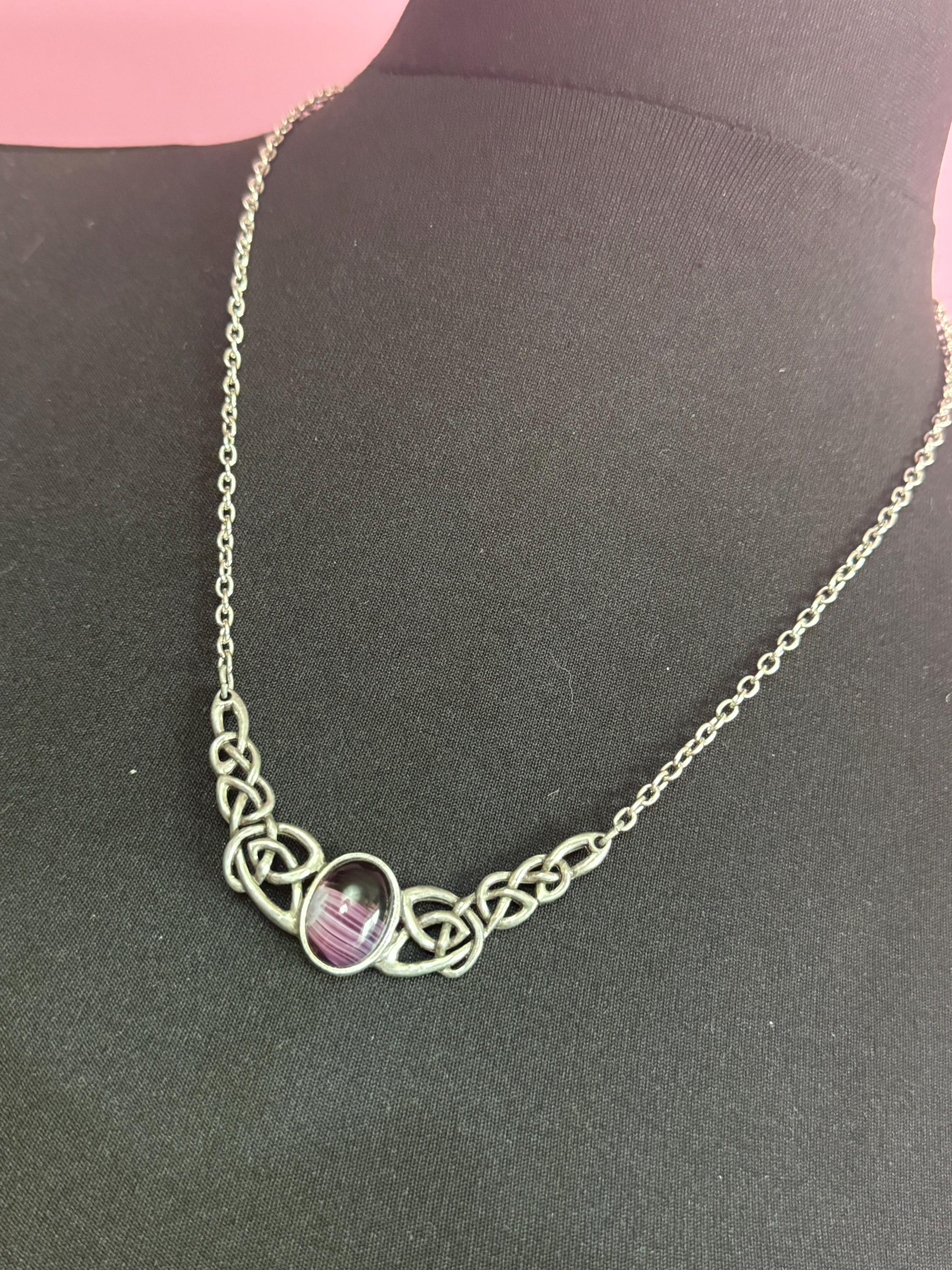 Signed Miracle vintage purple marbled givre cabochon Scottish Celtic Pendant necklace silver tone