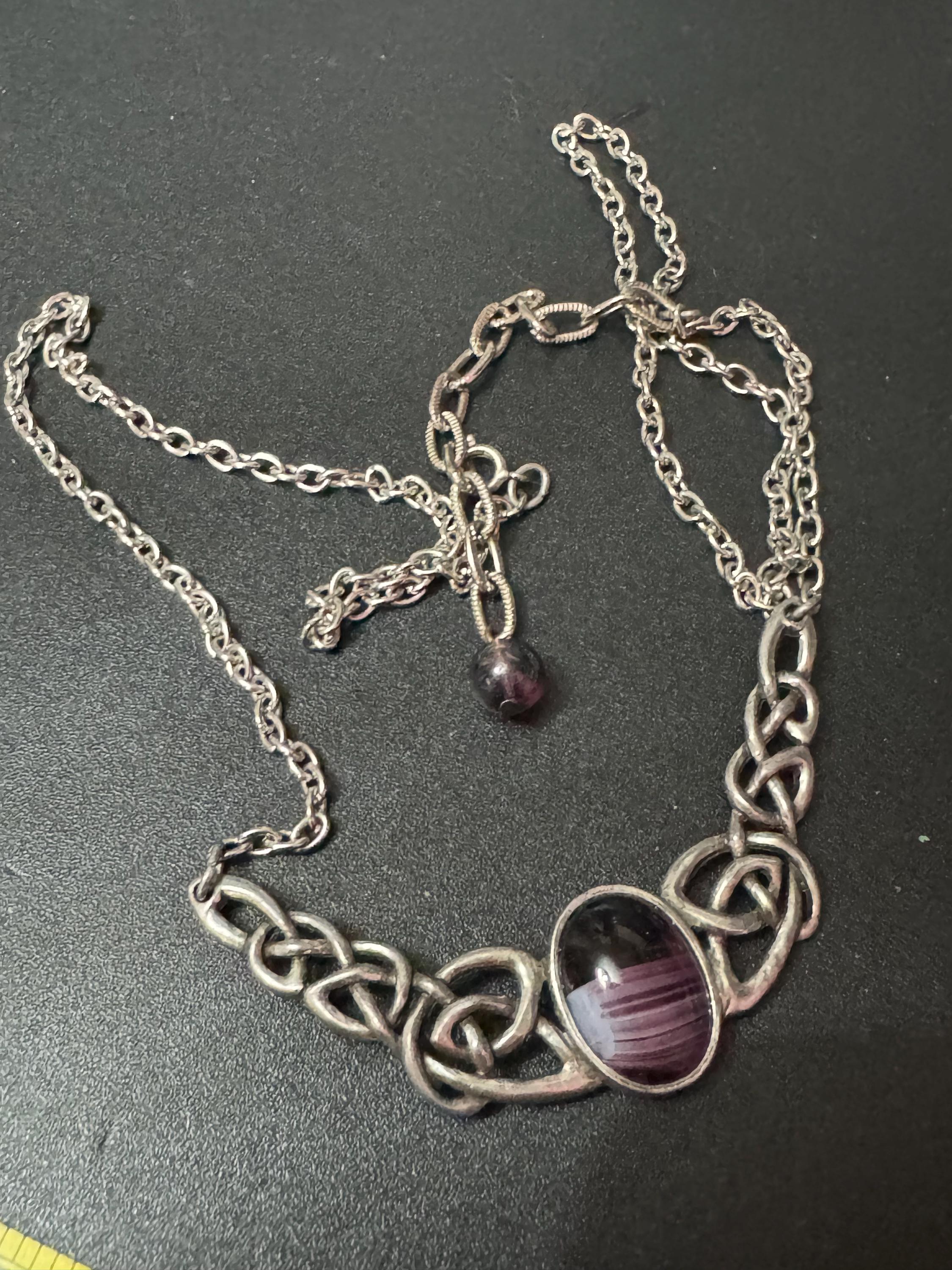 Signed Miracle vintage purple marbled givre cabochon Scottish Celtic Pendant necklace silver tone