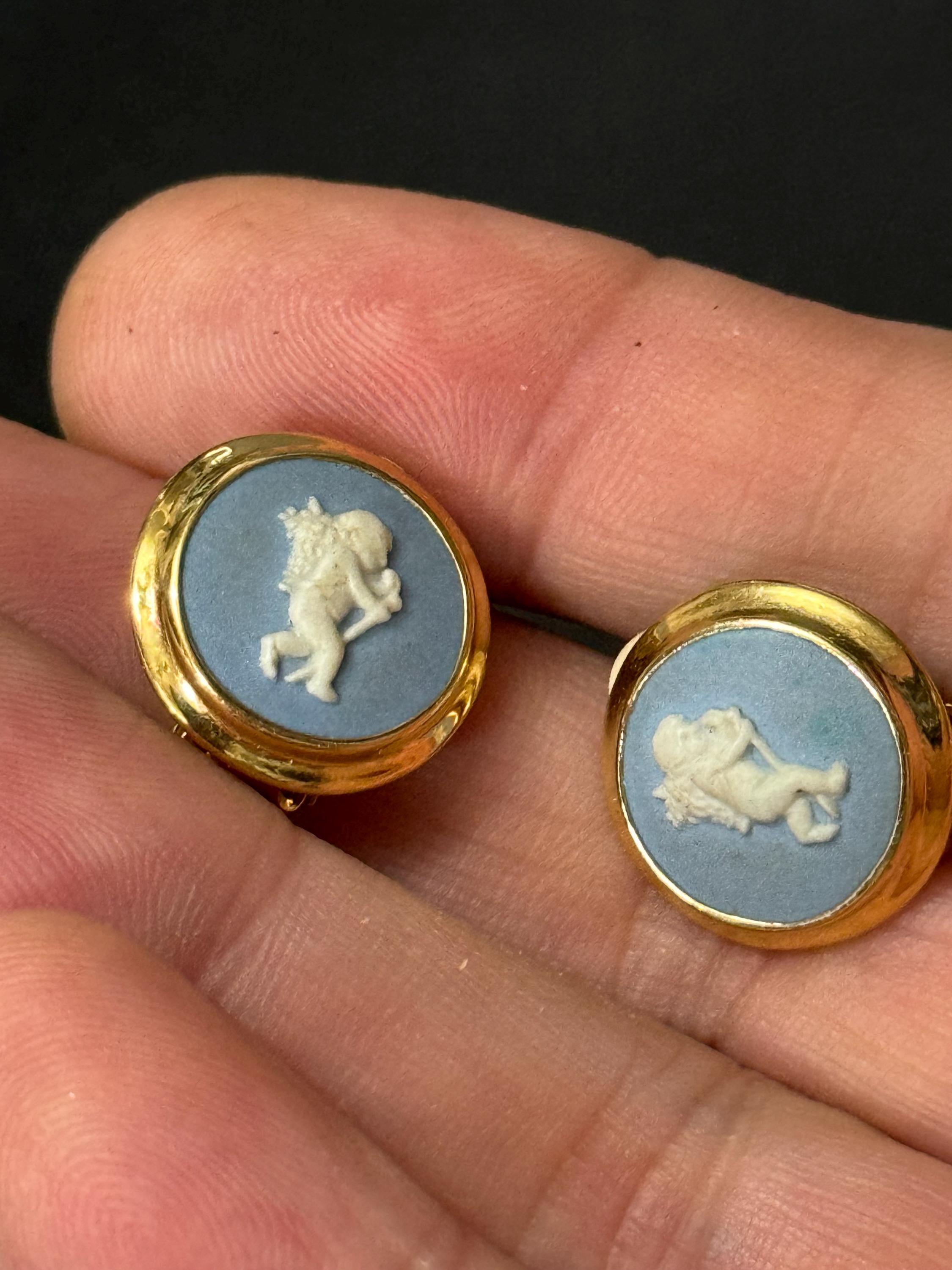 Signed Wedgwood blue ceramic small round clip on stud cherub earrings, designer