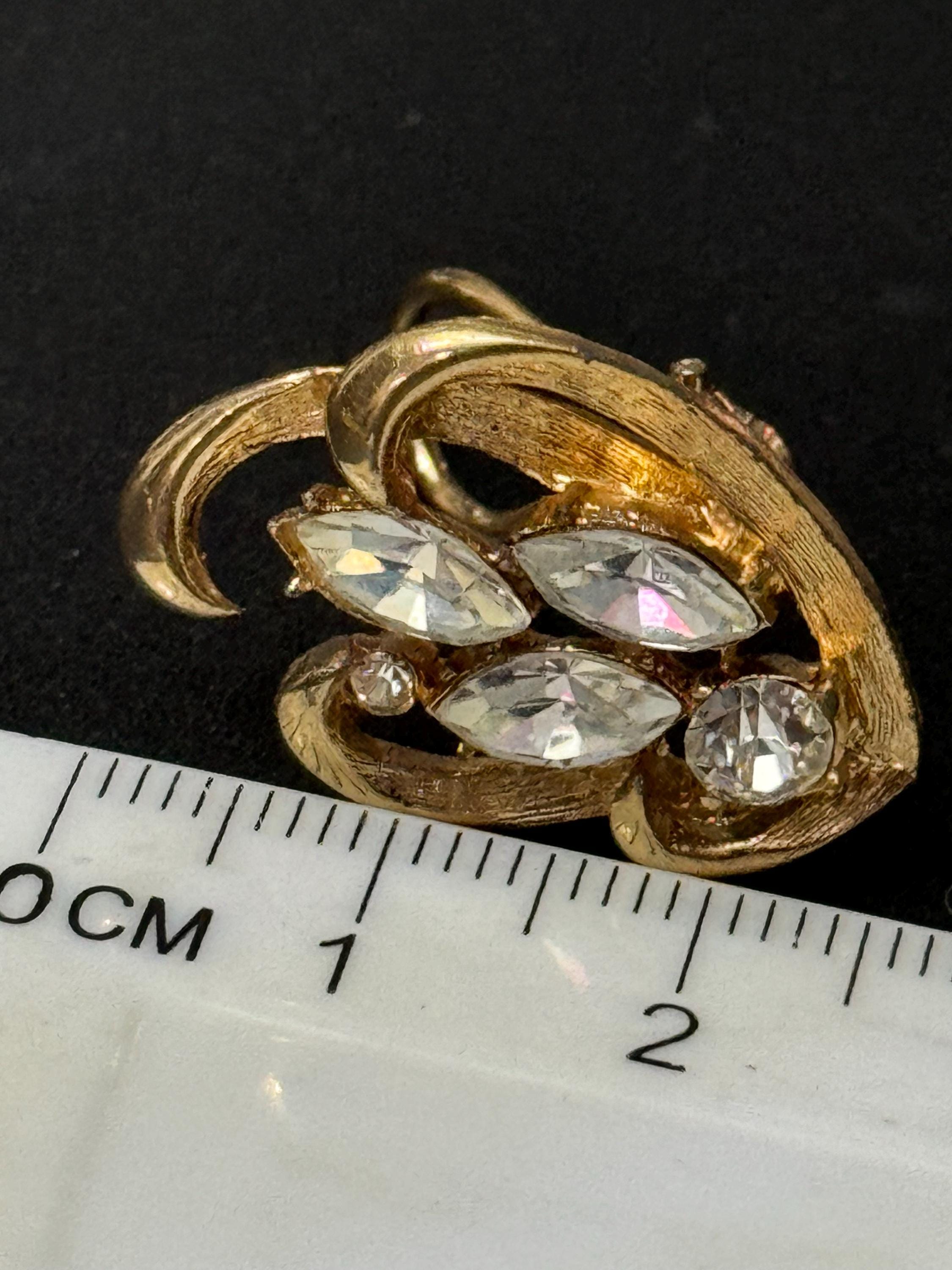 Signed BSK vintage Clear Diamanté gold tone navette crystal Clip On Earrings high end