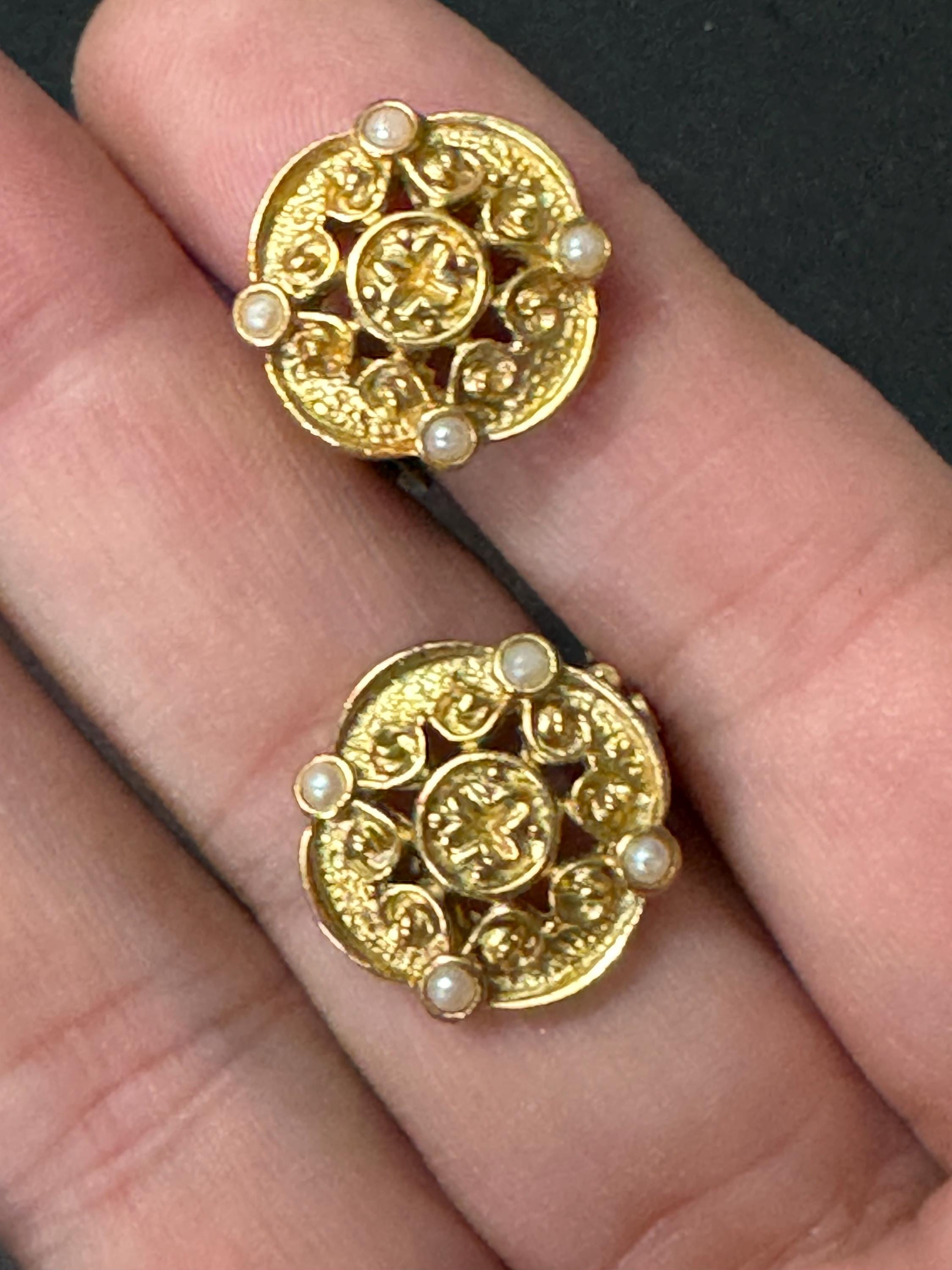 signed PT vintage gold tone seed pearl small Etruscan disc clip on stud earrings