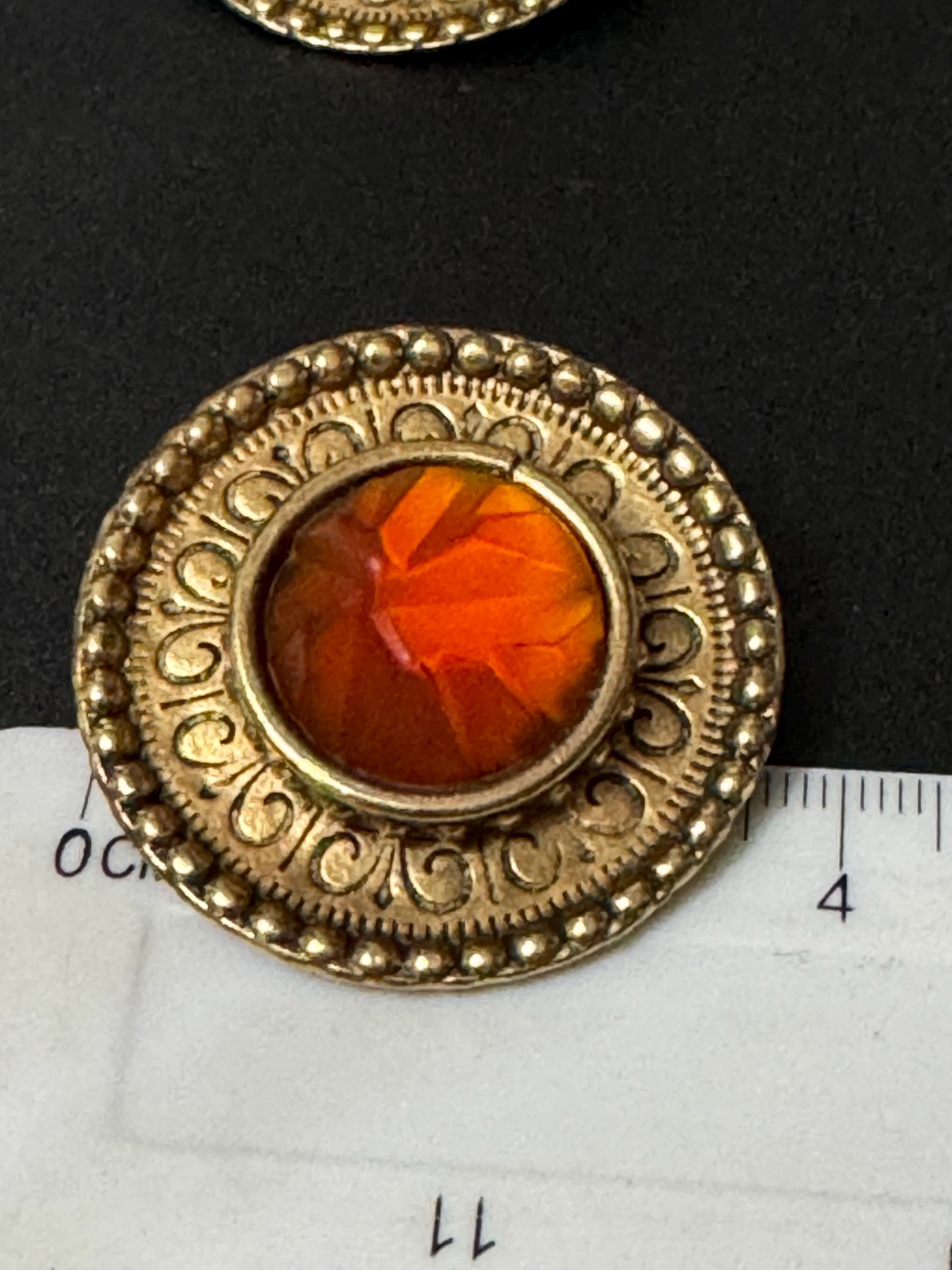 Vintage Zoe Coste Earrings: Gold Tone Etruscan Cabochon Discs