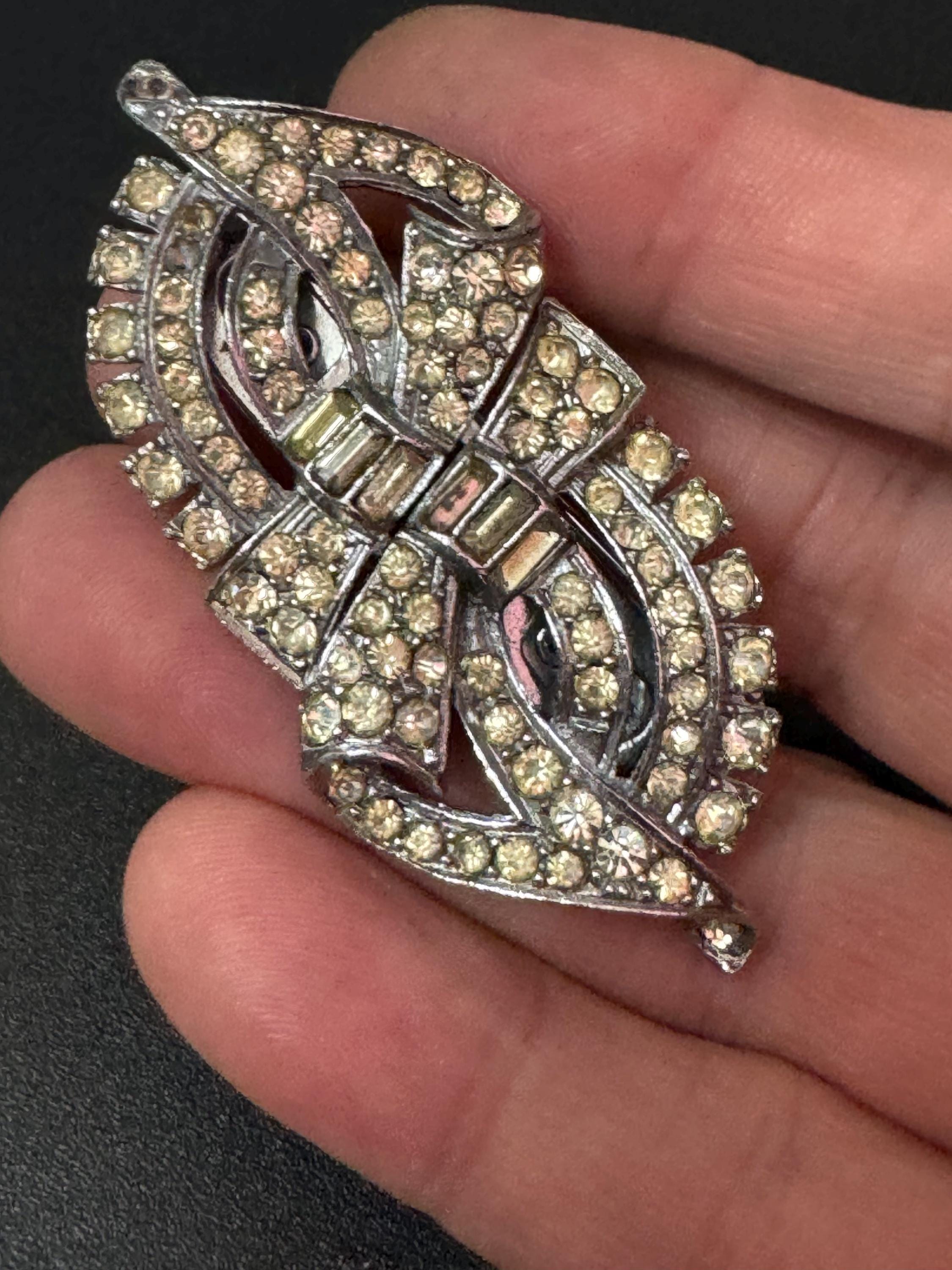 Duette pair of Dress Clips Combination Brooch Marcasite Silver chrome metal Art Deco
