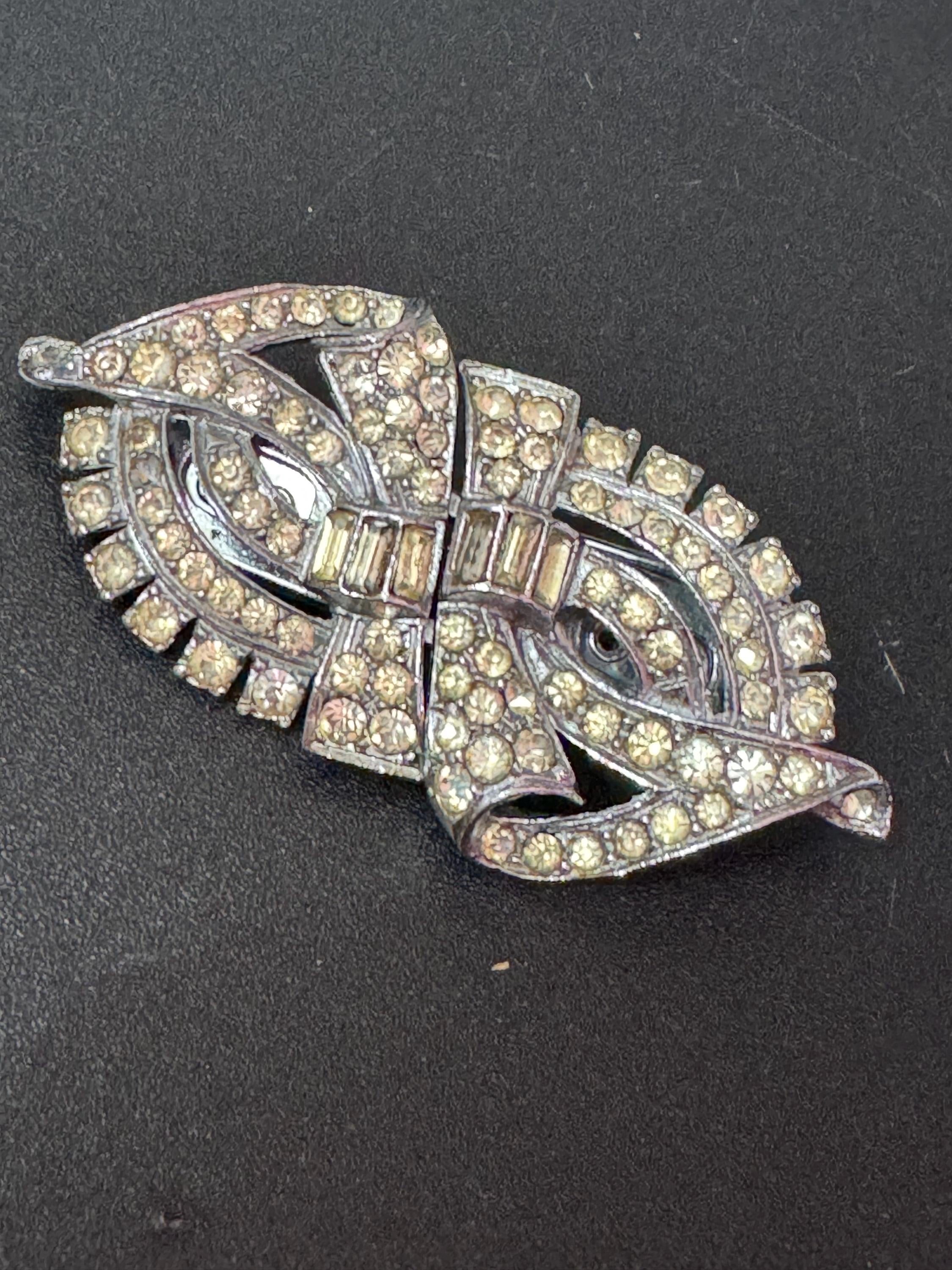 Duette pair of Dress Clips Combination Brooch Marcasite Silver chrome metal Art Deco